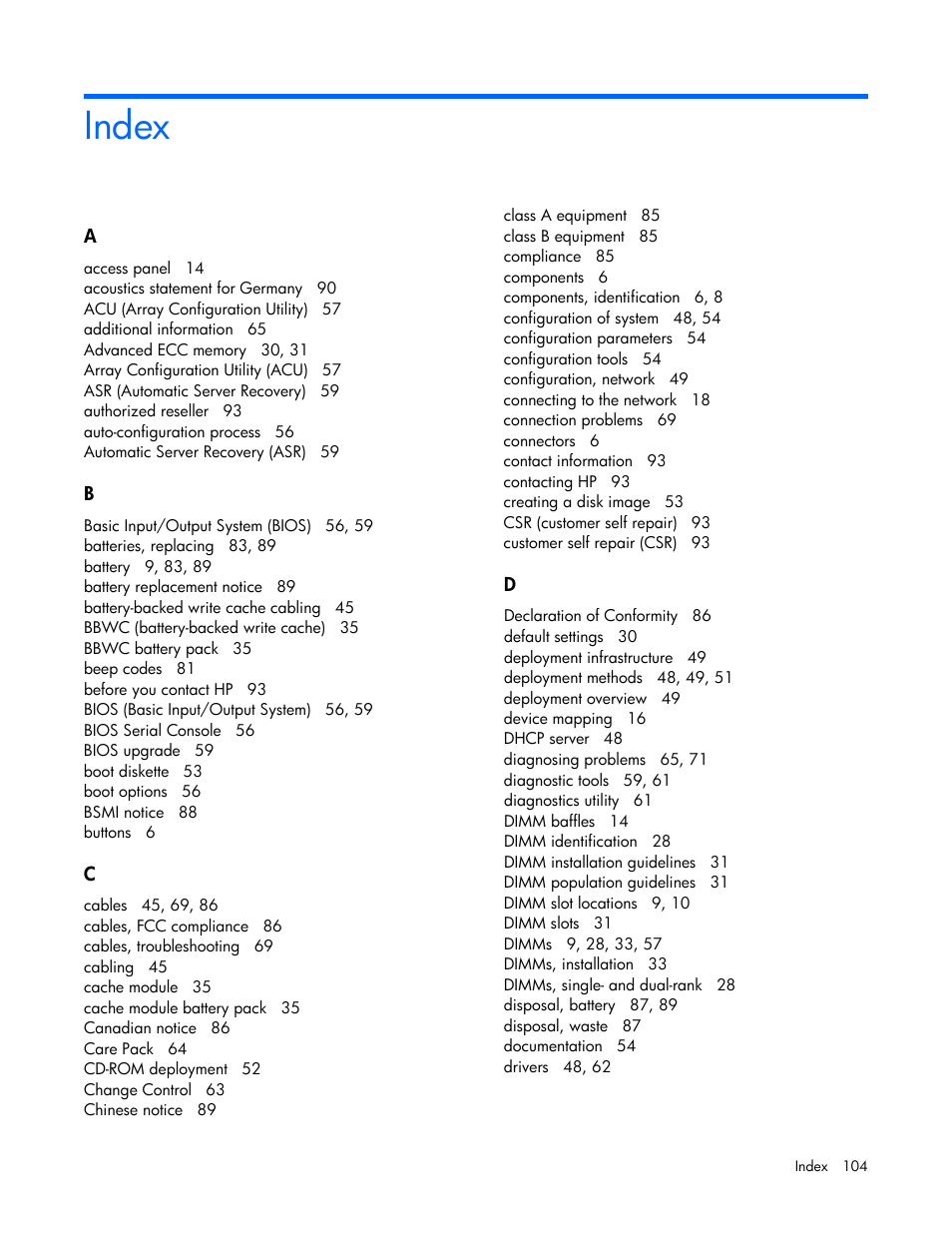 Index | HP BL460C G6 User Manual | Page 104 / 107