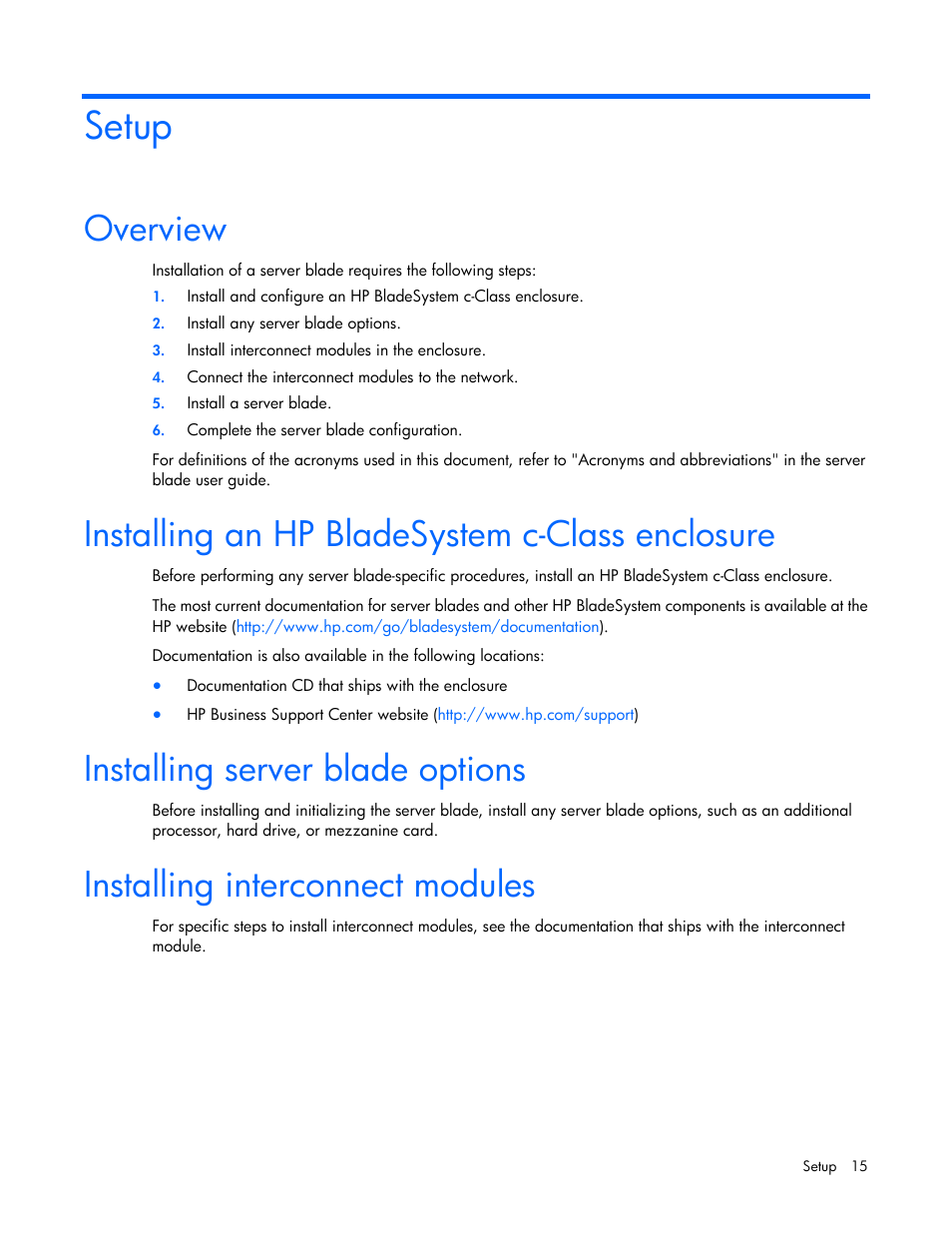 Setup, Overview, Installing an hp bladesystem c-class enclosure | Installing server blade options, Installing interconnect modules | HP BL460C G6 User Manual | Page 15 / 107