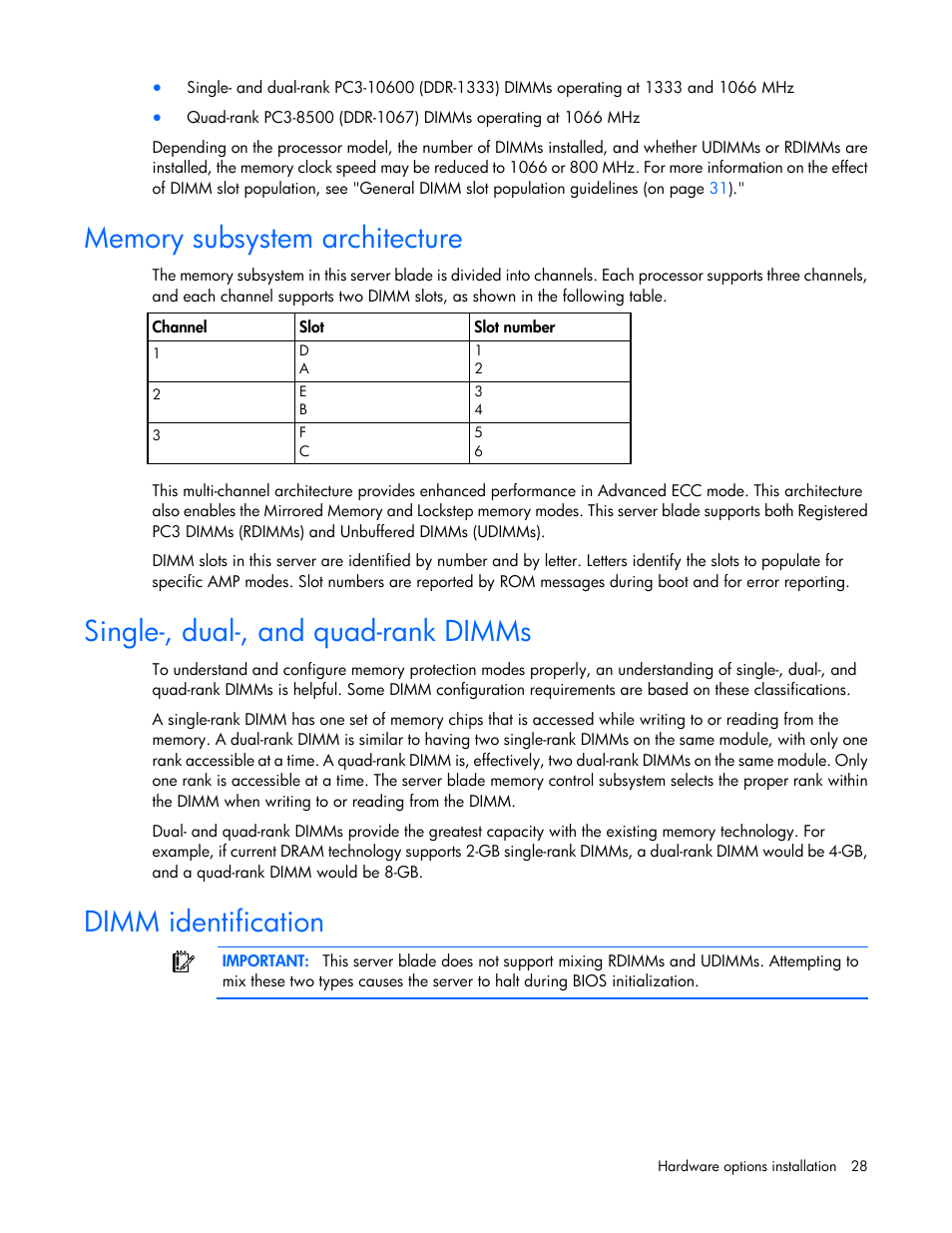 Memory subsystem architecture, Single-, dual-, and quad-rank dimms, Dimm identification | HP BL460C G6 User Manual | Page 28 / 107