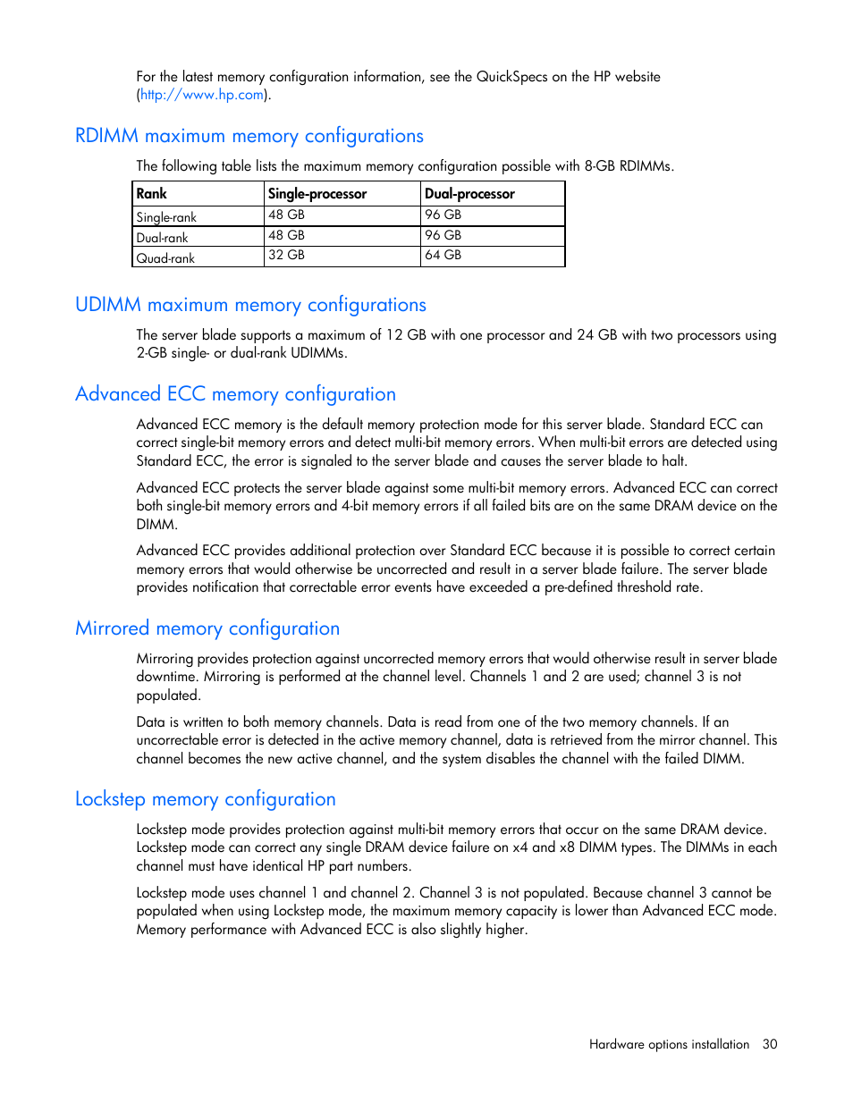 Rdimm maximum memory configurations, Udimm maximum memory configurations, Advanced ecc memory configuration | Mirrored memory configuration, Lockstep memory configuration | HP BL460C G6 User Manual | Page 30 / 107