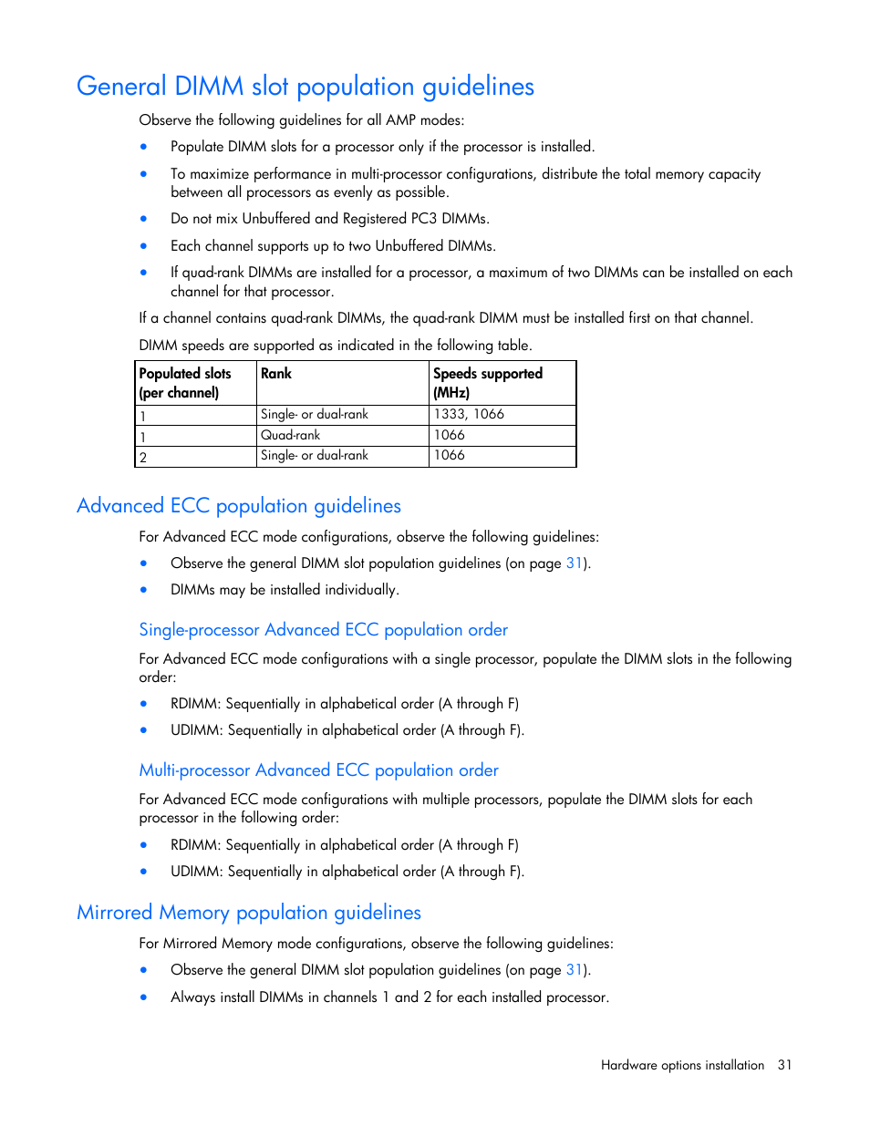 General dimm slot population guidelines, Advanced ecc population guidelines, Single-processor advanced ecc population order | Multi-processor advanced ecc population order, Mirrored memory population guidelines | HP BL460C G6 User Manual | Page 31 / 107