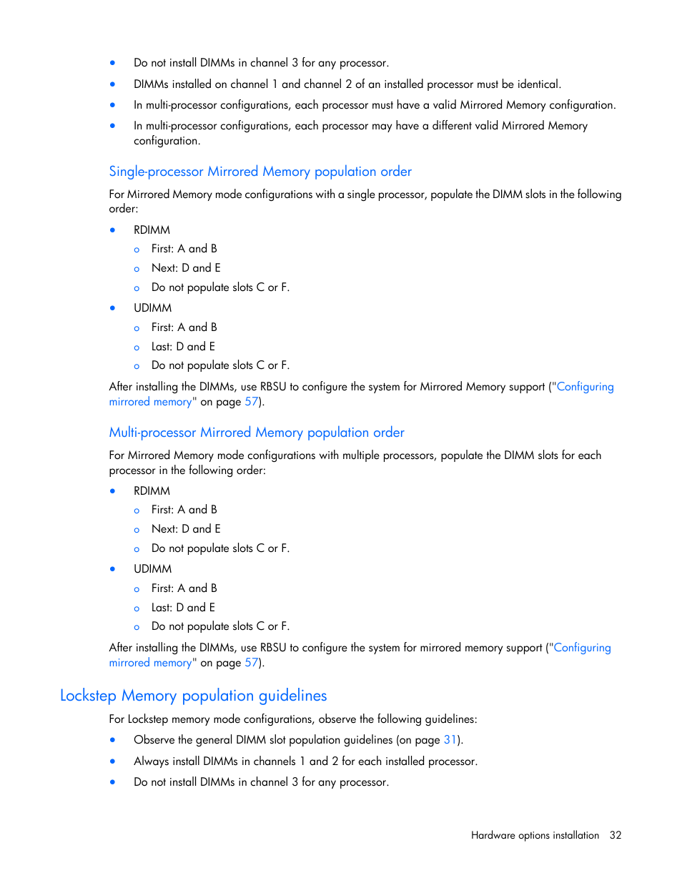 Single-processor mirrored memory population order, Multi-processor mirrored memory population order, Lockstep memory population guidelines | HP BL460C G6 User Manual | Page 32 / 107