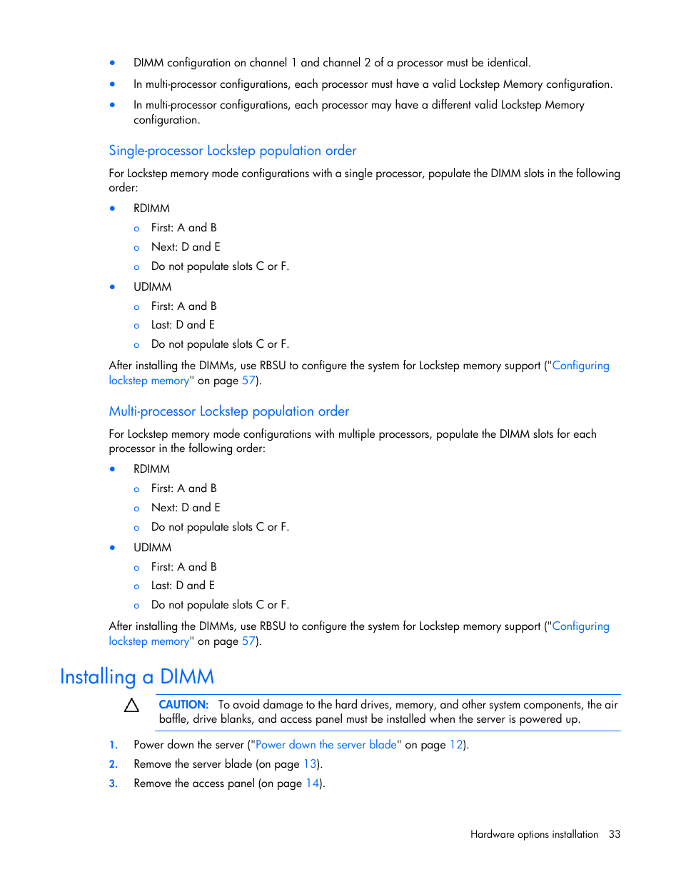 Single-processor lockstep population order, Multi-processor lockstep population order, Installing a dimm | HP BL460C G6 User Manual | Page 33 / 107