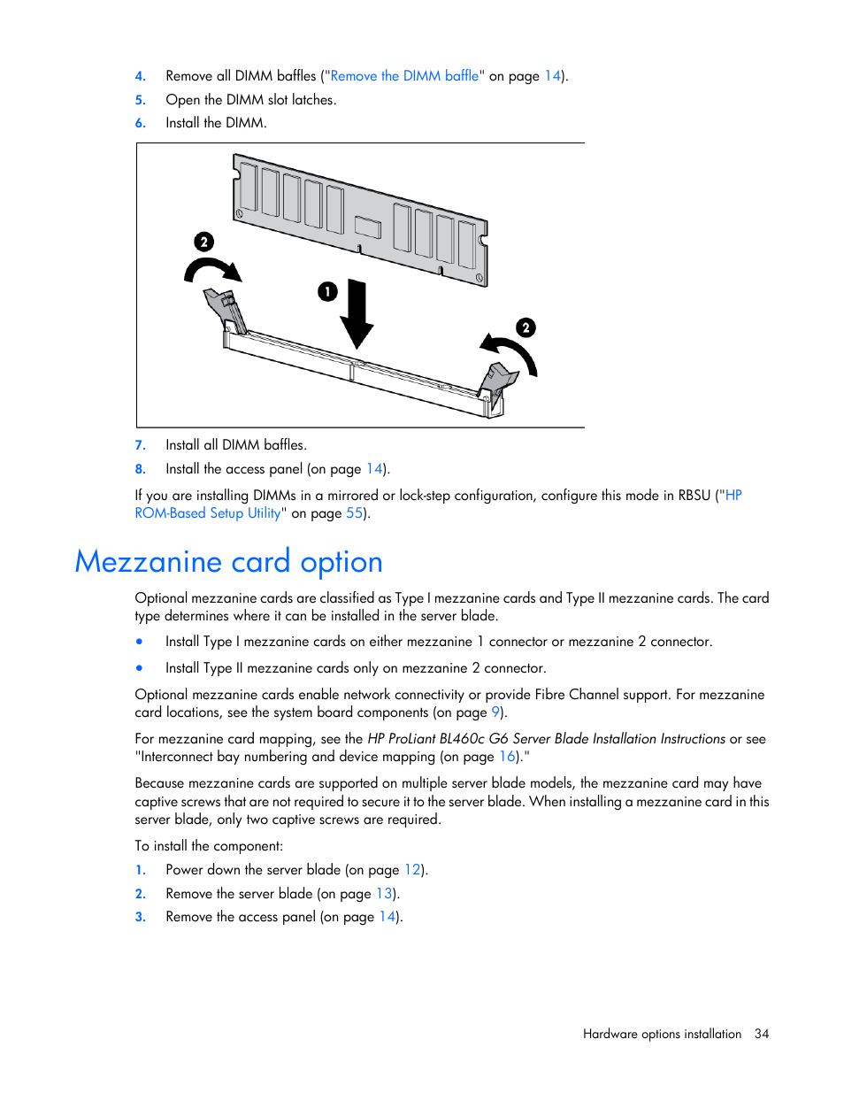 Mezzanine card option | HP BL460C G6 User Manual | Page 34 / 107