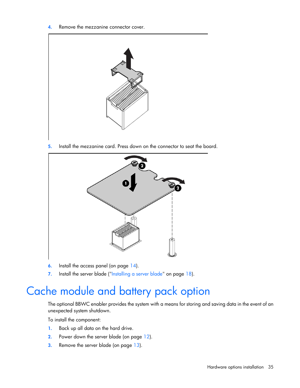 Cache module and battery pack option | HP BL460C G6 User Manual | Page 35 / 107