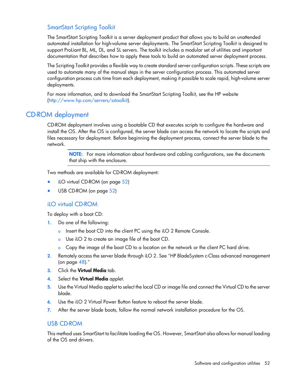 Smartstart scripting toolkit, Cd-rom deployment, Ilo virtual cd-rom | Usb cd-rom | HP BL460C G6 User Manual | Page 52 / 107