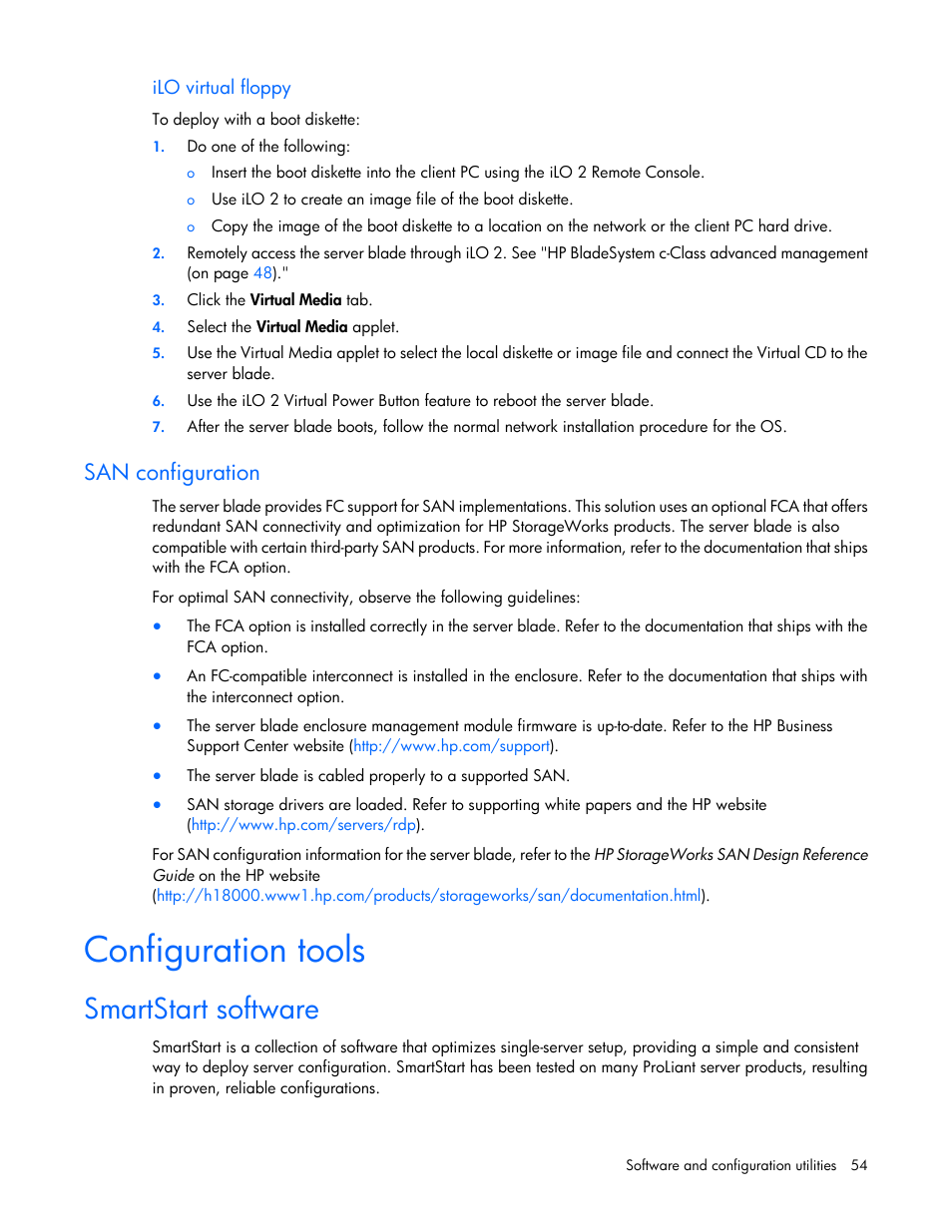 Ilo virtual floppy, San configuration, Configuration tools | Smartstart software | HP BL460C G6 User Manual | Page 54 / 107