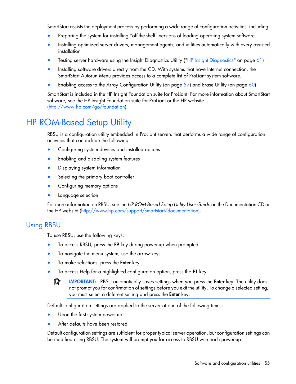 Hp rom-based setup utility, Using rbsu, Rom-based setup utility | Hp rom-based setup, Utility | HP BL460C G6 User Manual | Page 55 / 107