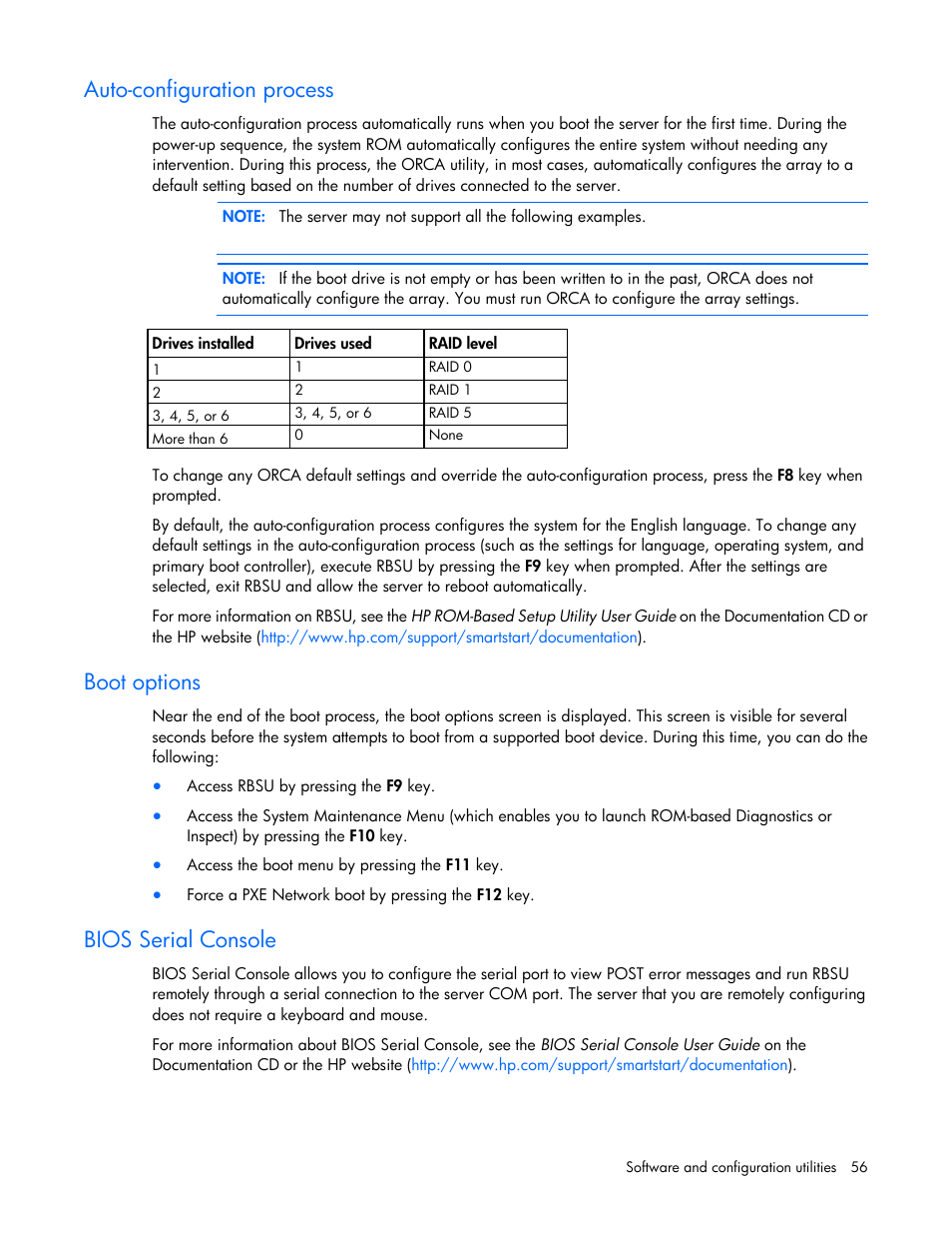 Auto-configuration process, Boot options, Bios serial console | HP BL460C G6 User Manual | Page 56 / 107