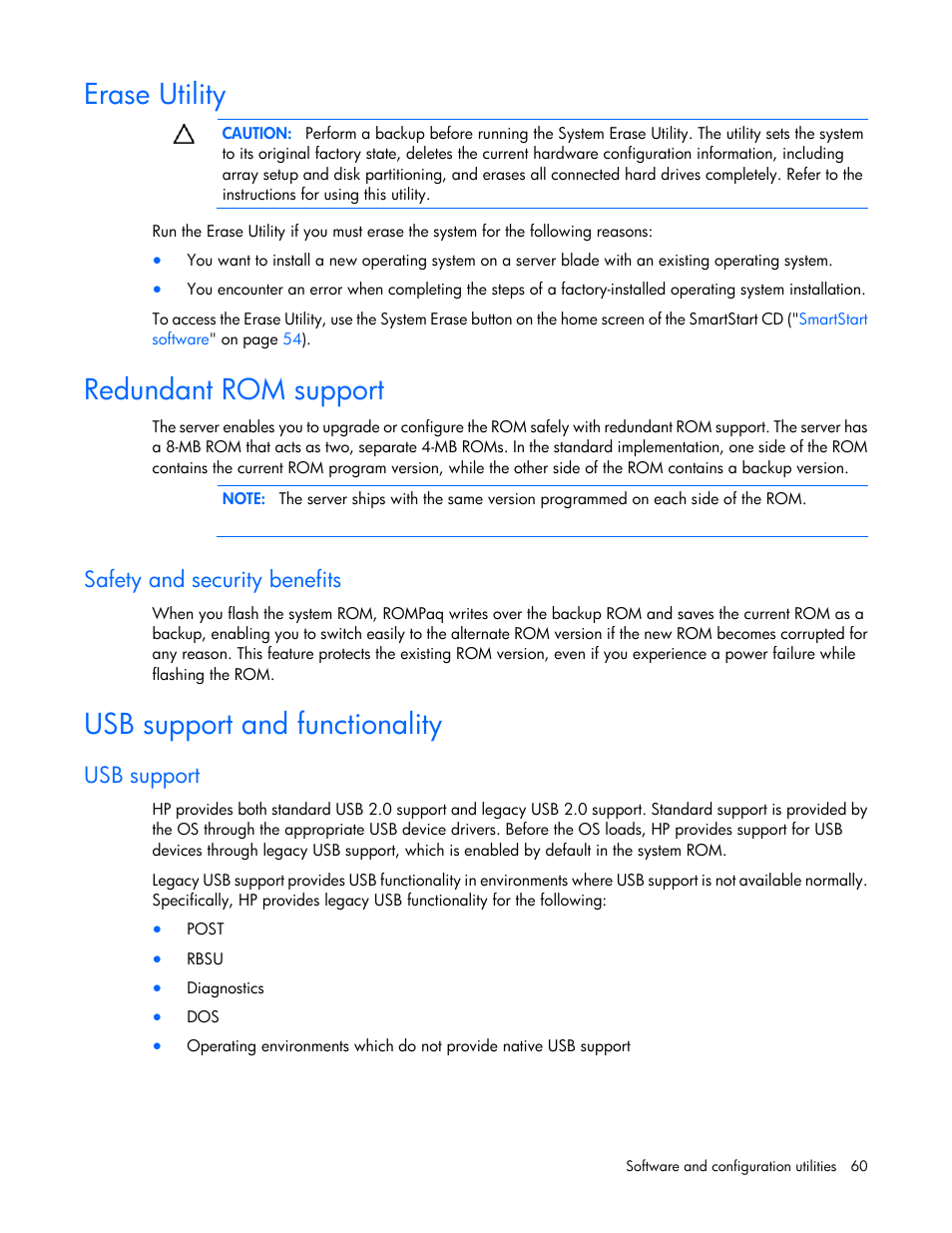 Erase utility, Redundant rom support, Safety and security benefits | Usb support and functionality, Usb support | HP BL460C G6 User Manual | Page 60 / 107