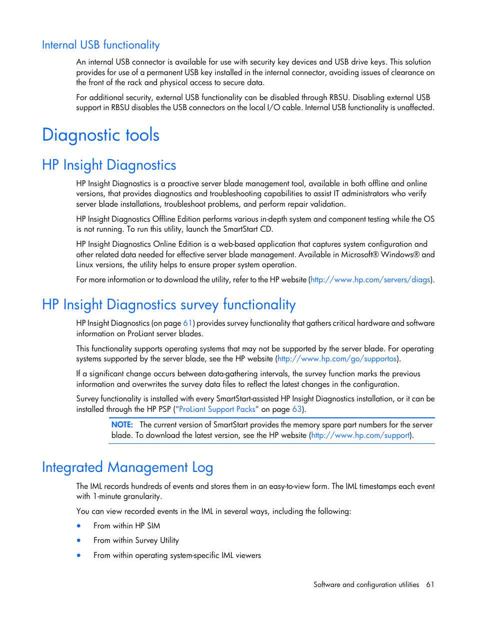 Internal usb functionality, Diagnostic tools, Hp insight diagnostics | Hp insight diagnostics survey functionality, Integrated management log | HP BL460C G6 User Manual | Page 61 / 107