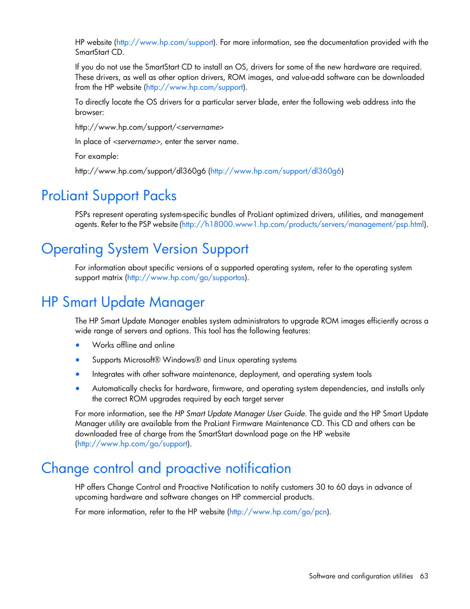 Proliant support packs, Operating system version support, Hp smart update manager | Change control and proactive notification | HP BL460C G6 User Manual | Page 63 / 107