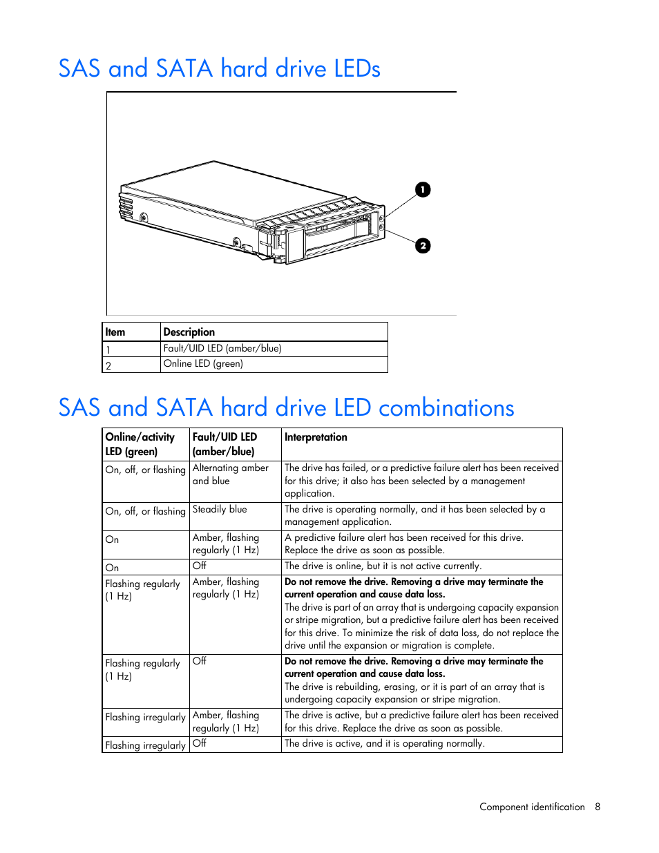 Sas and sata hard drive leds, Sas and sata hard drive led combinations | HP BL460C G6 User Manual | Page 8 / 107