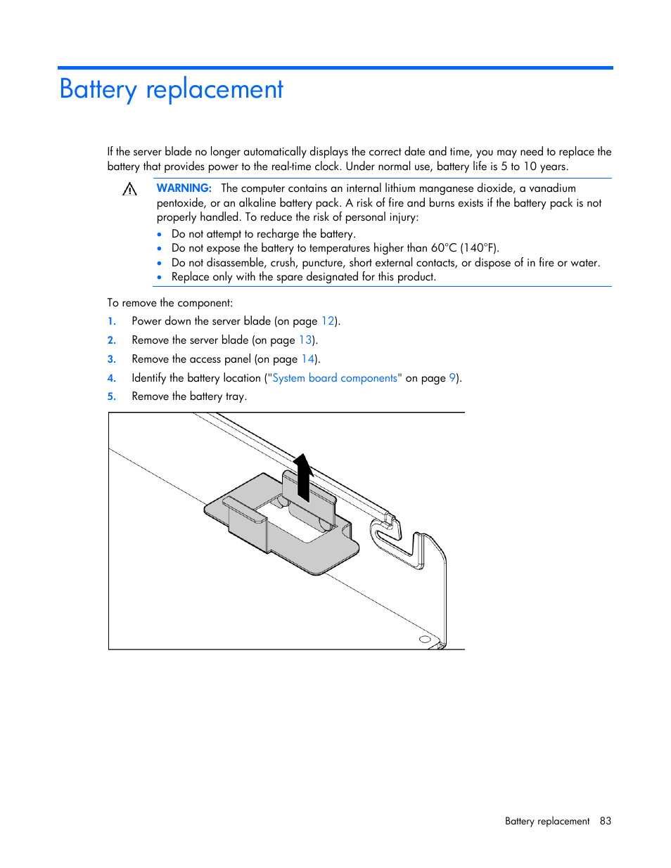 Battery replacement | HP BL460C G6 User Manual | Page 83 / 107