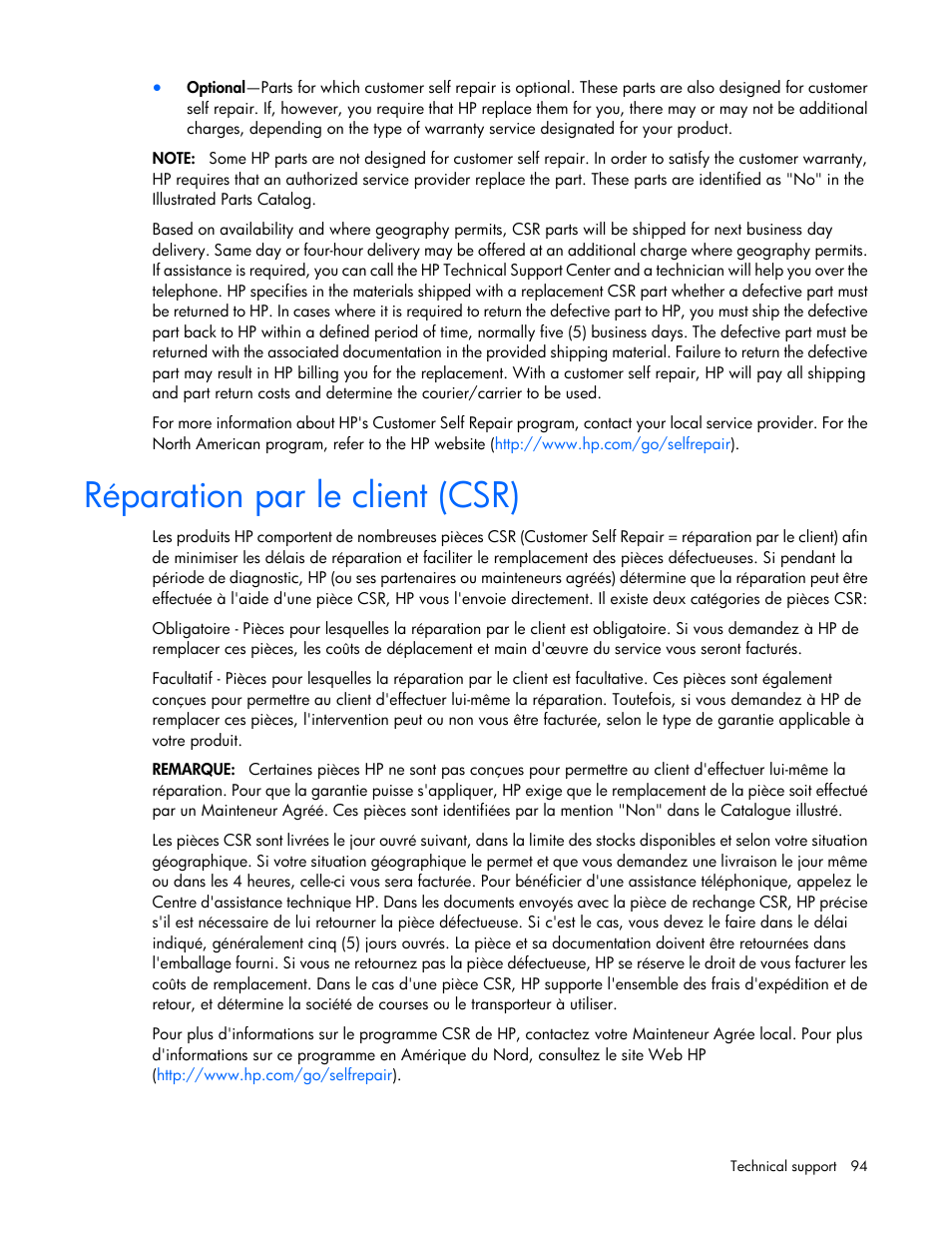 Réparation par le client (csr) | HP BL460C G6 User Manual | Page 94 / 107