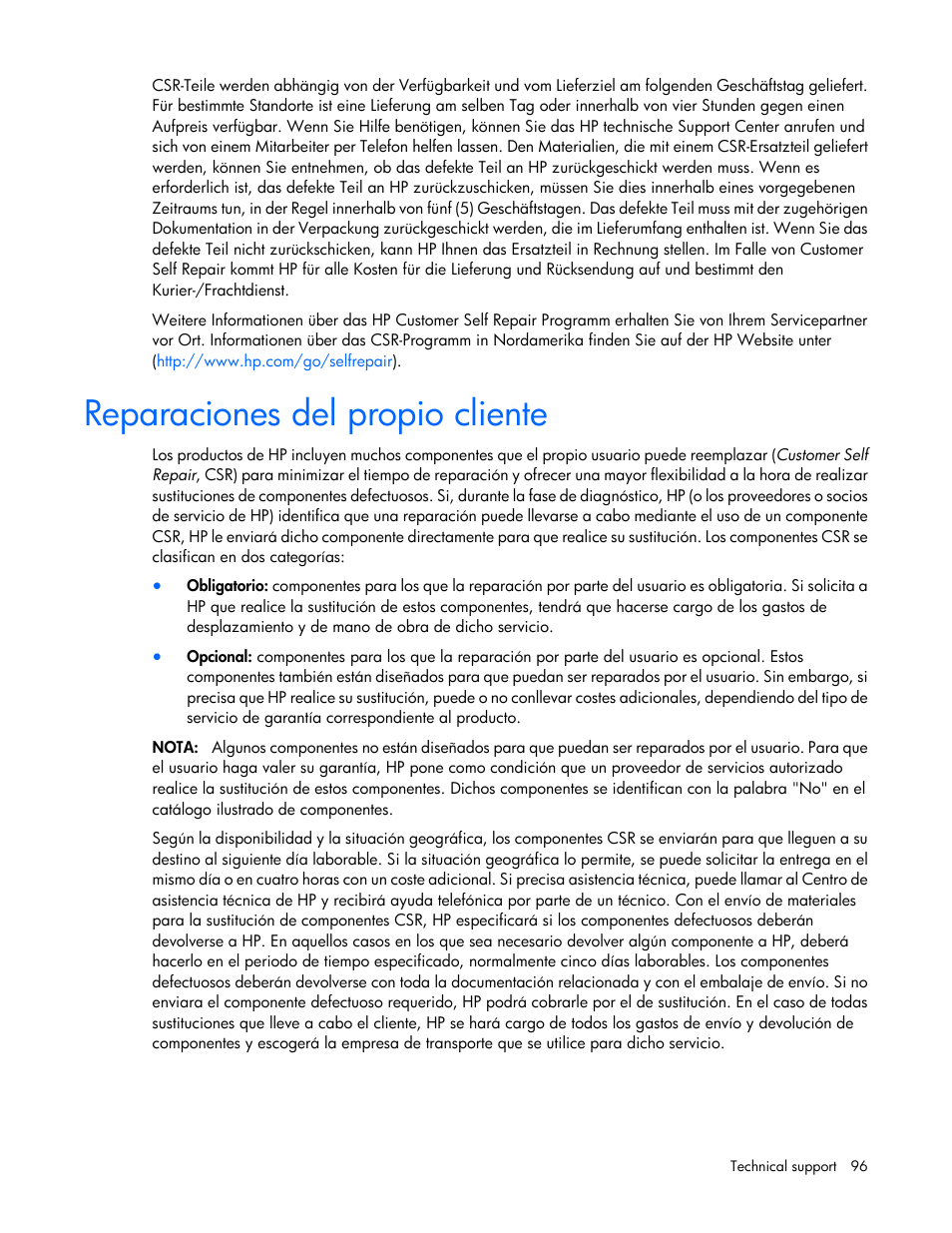 Reparaciones del propio cliente | HP BL460C G6 User Manual | Page 96 / 107