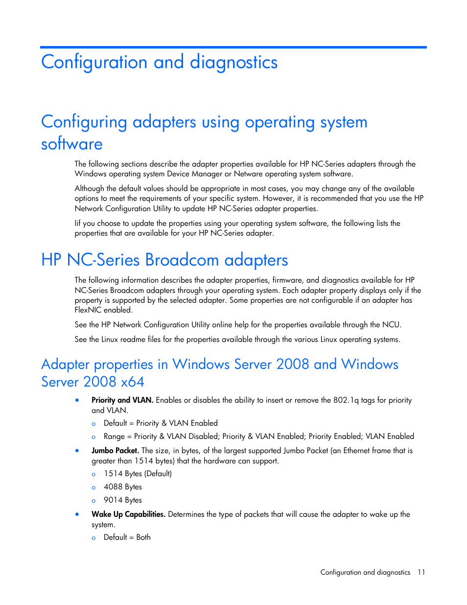 Configuration and diagnostics, Hp nc-series broadcom adapters | HP 441877-00F User Manual | Page 11 / 82