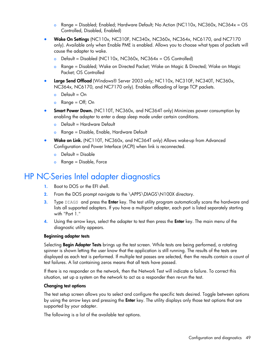 Hp nc-series intel adapter diagnostics | HP 441877-00F User Manual | Page 49 / 82