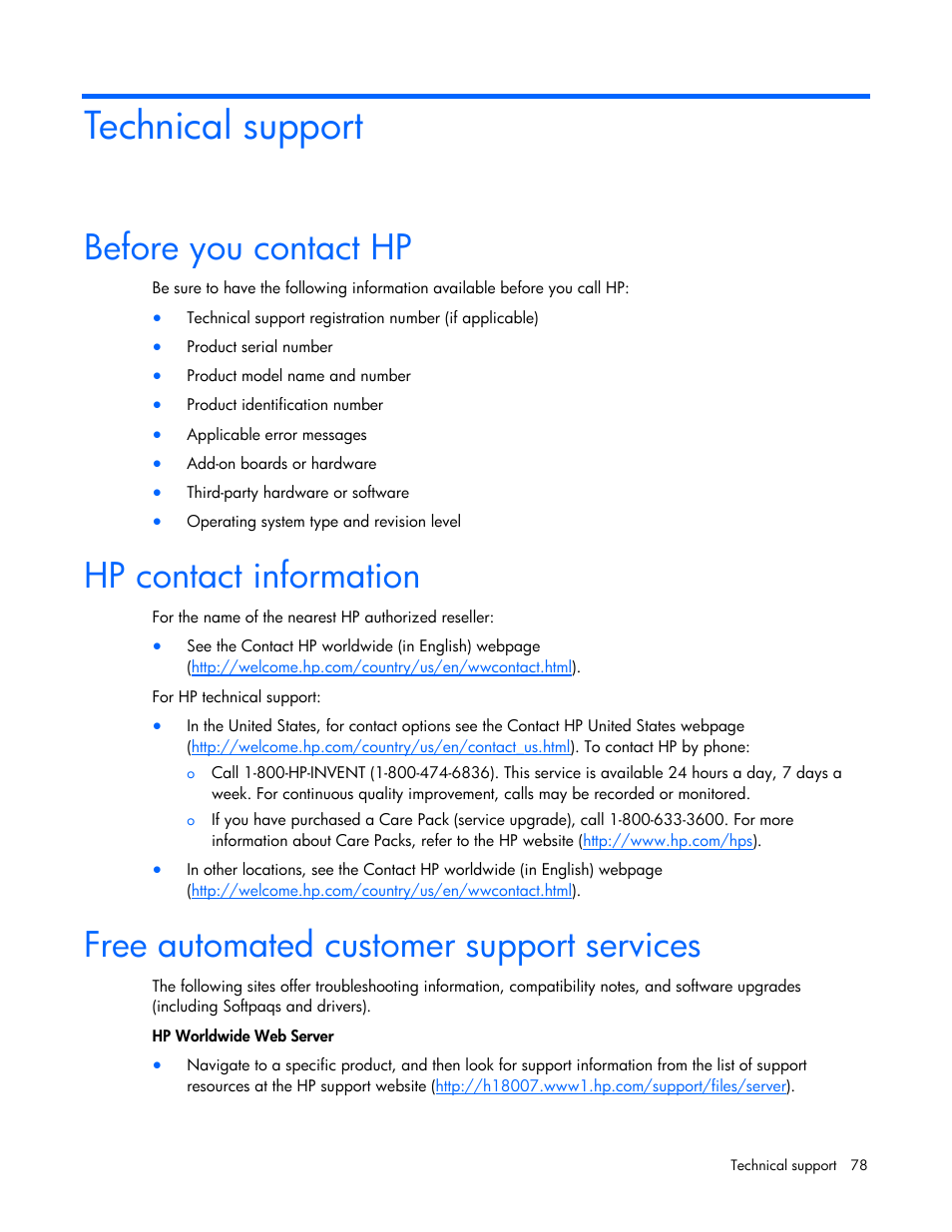 Technical support, Before you contact hp, Hp contact information | Free automated customer support services | HP 441877-00F User Manual | Page 78 / 82