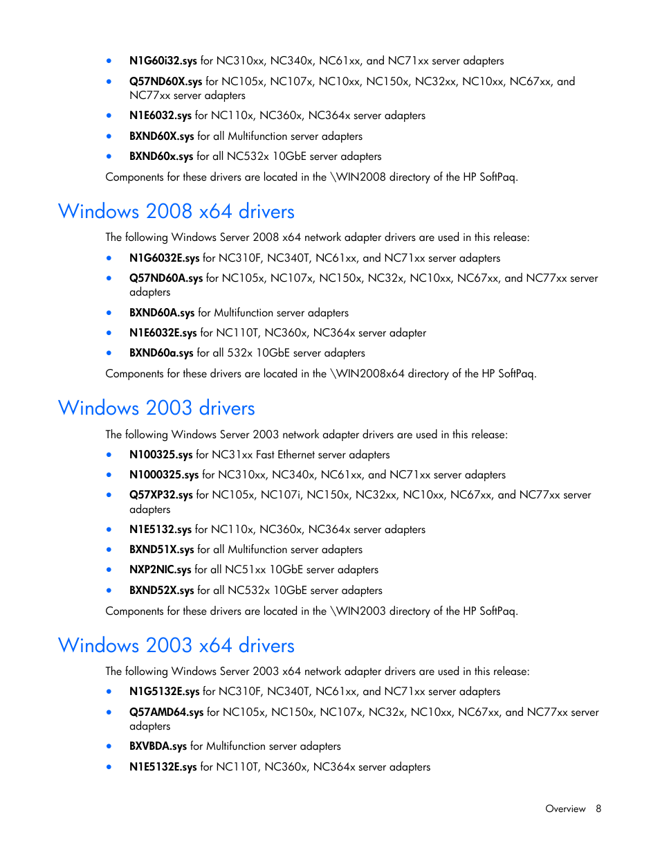 Windows 2008 x64 drivers, Windows 2003 drivers, Windows 2003 x64 drivers | HP 441877-00F User Manual | Page 8 / 82