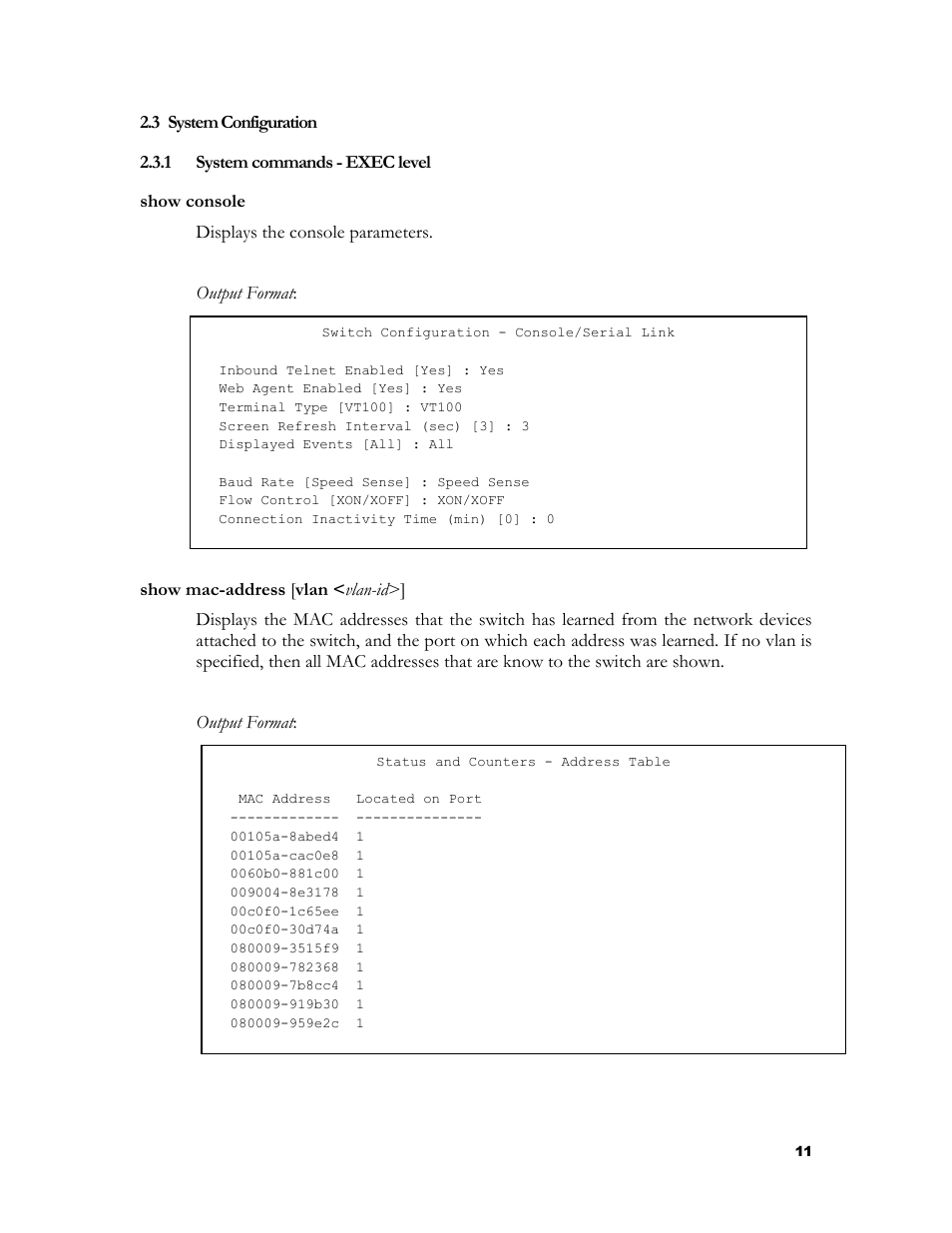 System configuration, System commands - exec level, Ystem | Onfiguration | HP 2524 User Manual | Page 15 / 66