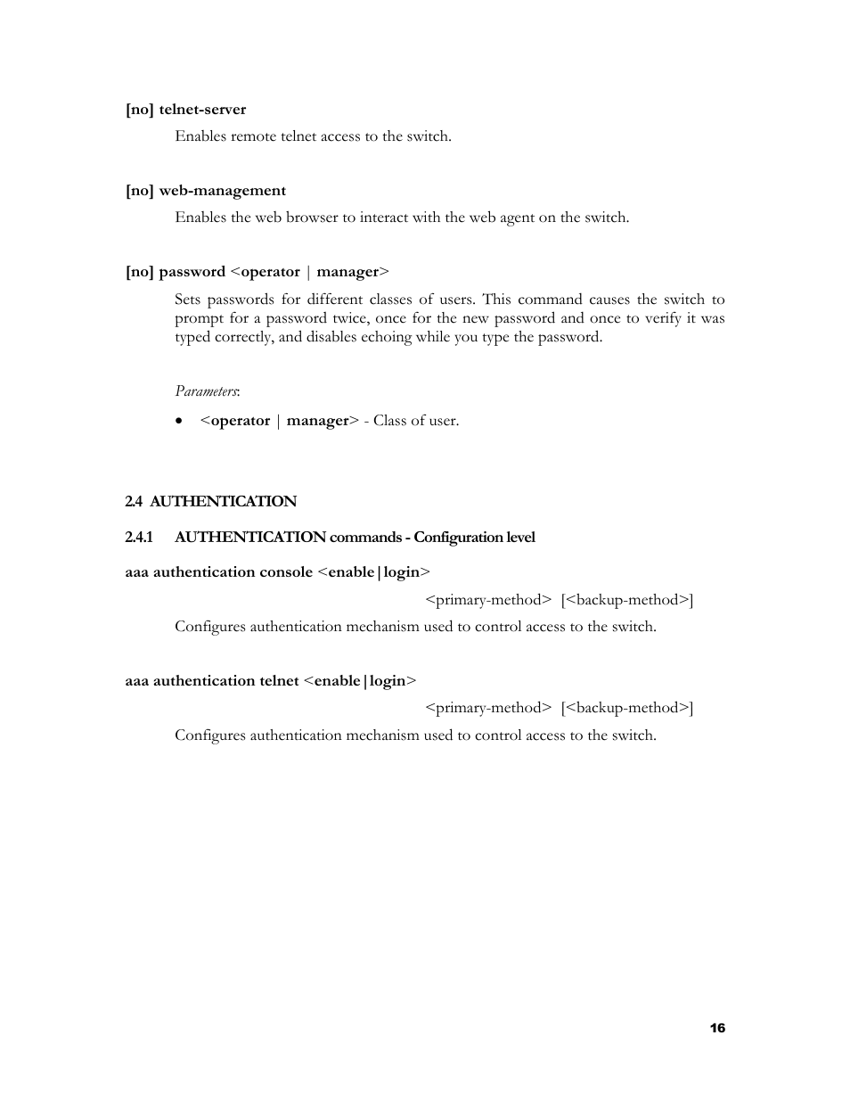 Authentication, Authentication commands - configuration level, 4 authentication | HP 2524 User Manual | Page 20 / 66