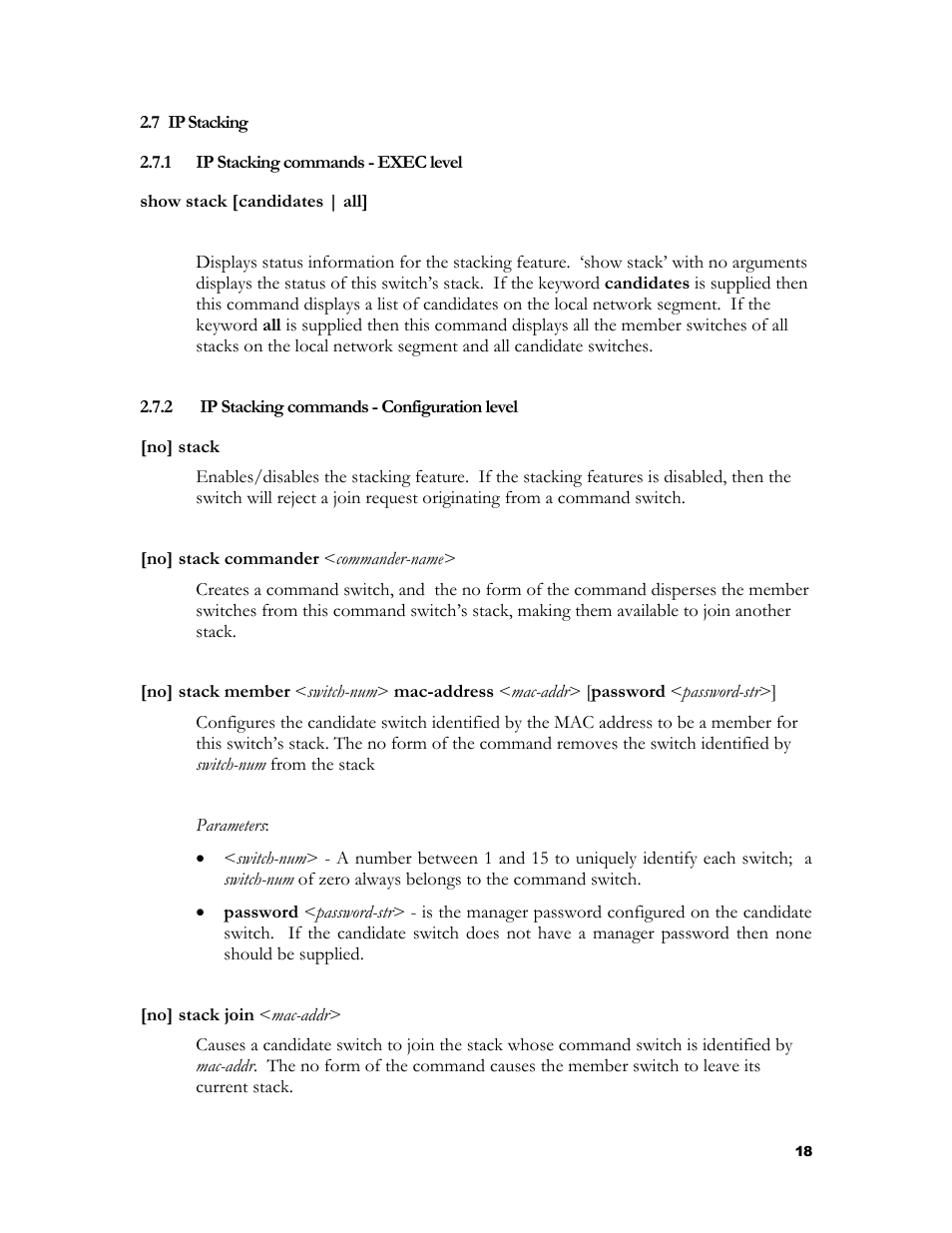 Ip stacking, Ip stacking commands - exec level, Ip stacking commands - configuration level | 7 ip s, Tacking | HP 2524 User Manual | Page 22 / 66