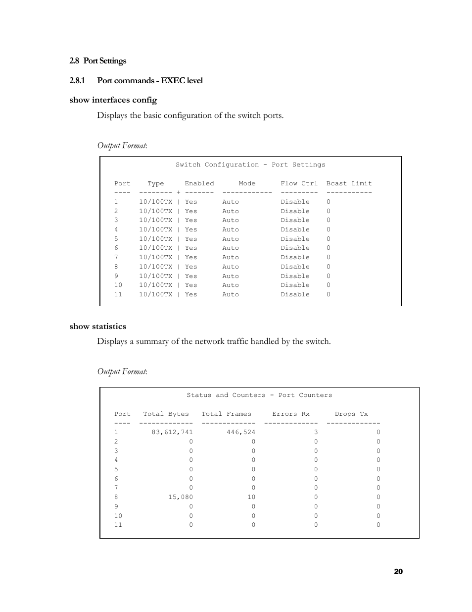 Port settings, Port commands - exec level, Ettings | Show statistics | HP 2524 User Manual | Page 24 / 66