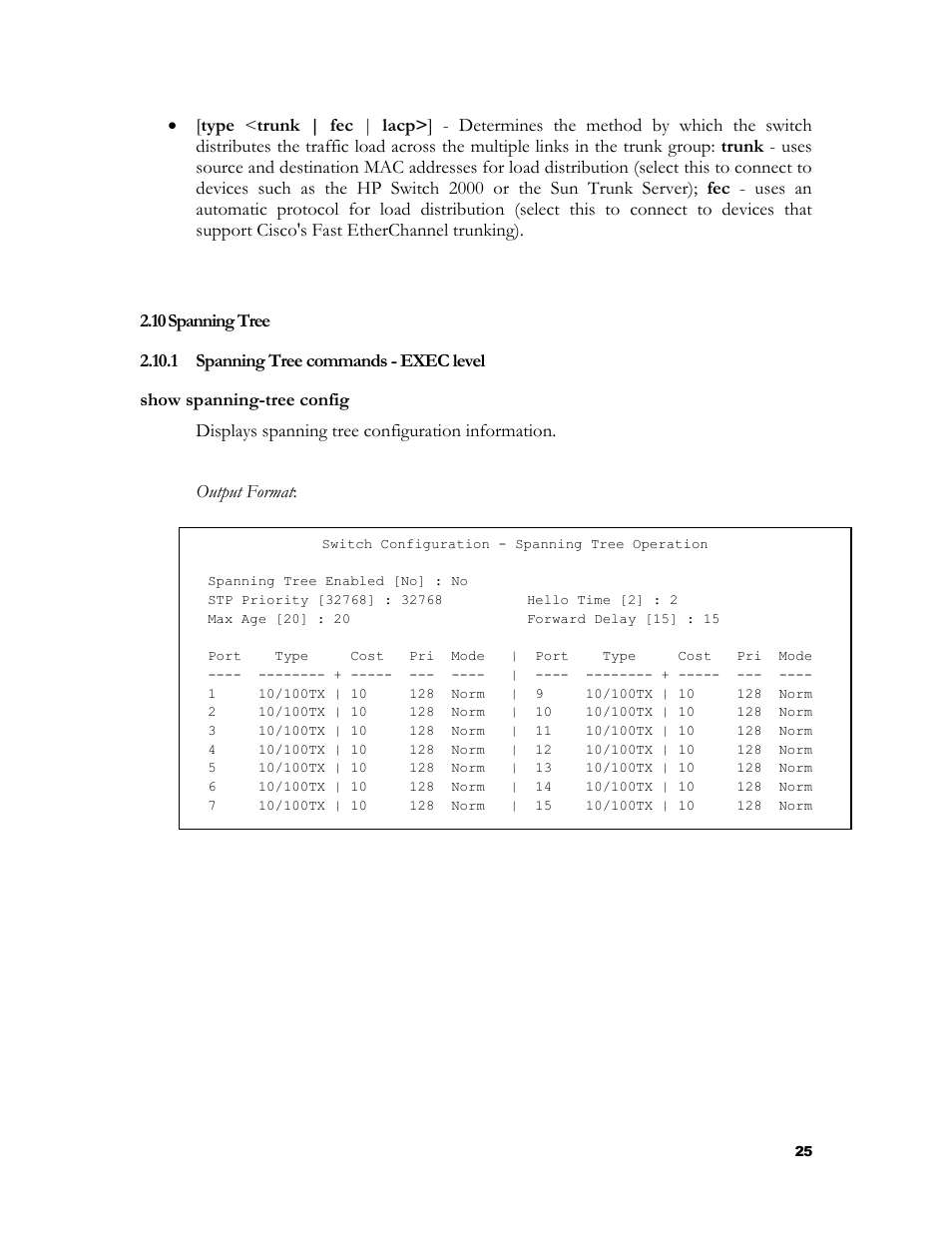 Spanning tree, Spanning tree commands - exec level, Panning | 1 spanning tree commands - exec level | HP 2524 User Manual | Page 29 / 66