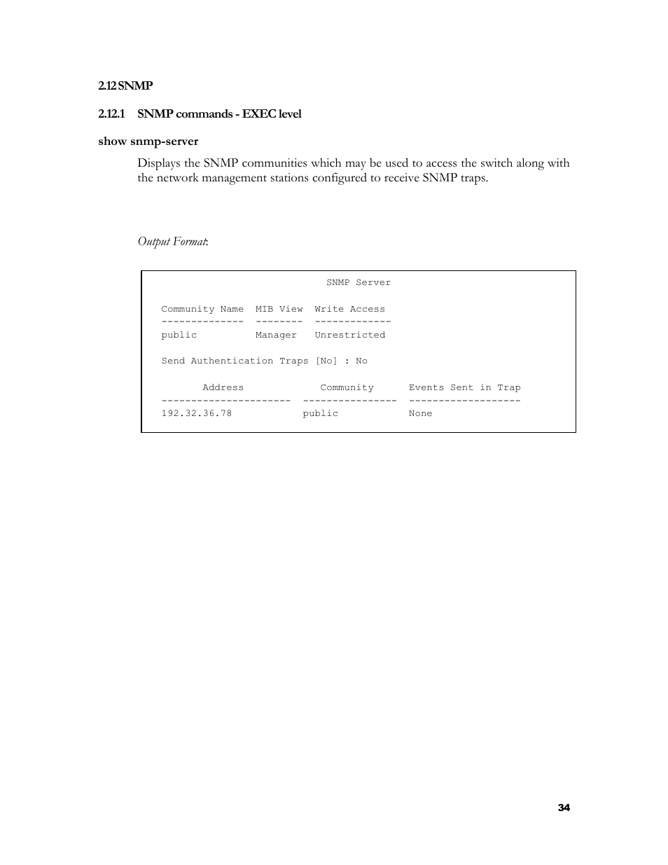 Snmp, Snmp commands - exec level, 1 snmp commands - exec level | HP 2524 User Manual | Page 38 / 66