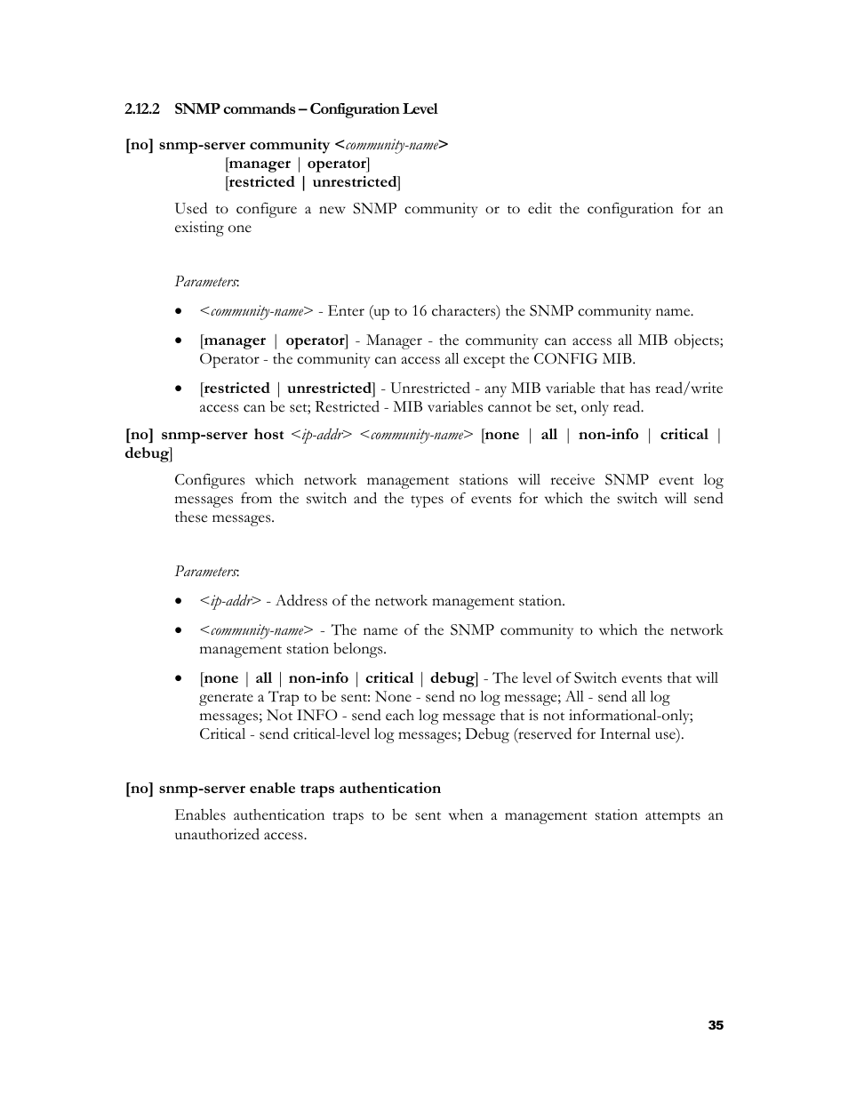 Snmp commands – configuration level, 2 snmp commands – configuration level | HP 2524 User Manual | Page 39 / 66