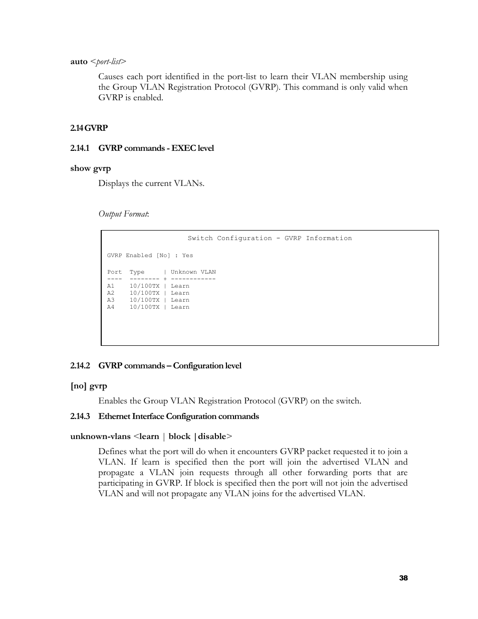 Gvrp, Gvrp commands - exec level, Gvrp commands – configuration level | Ethernet interface configuration commands | HP 2524 User Manual | Page 42 / 66