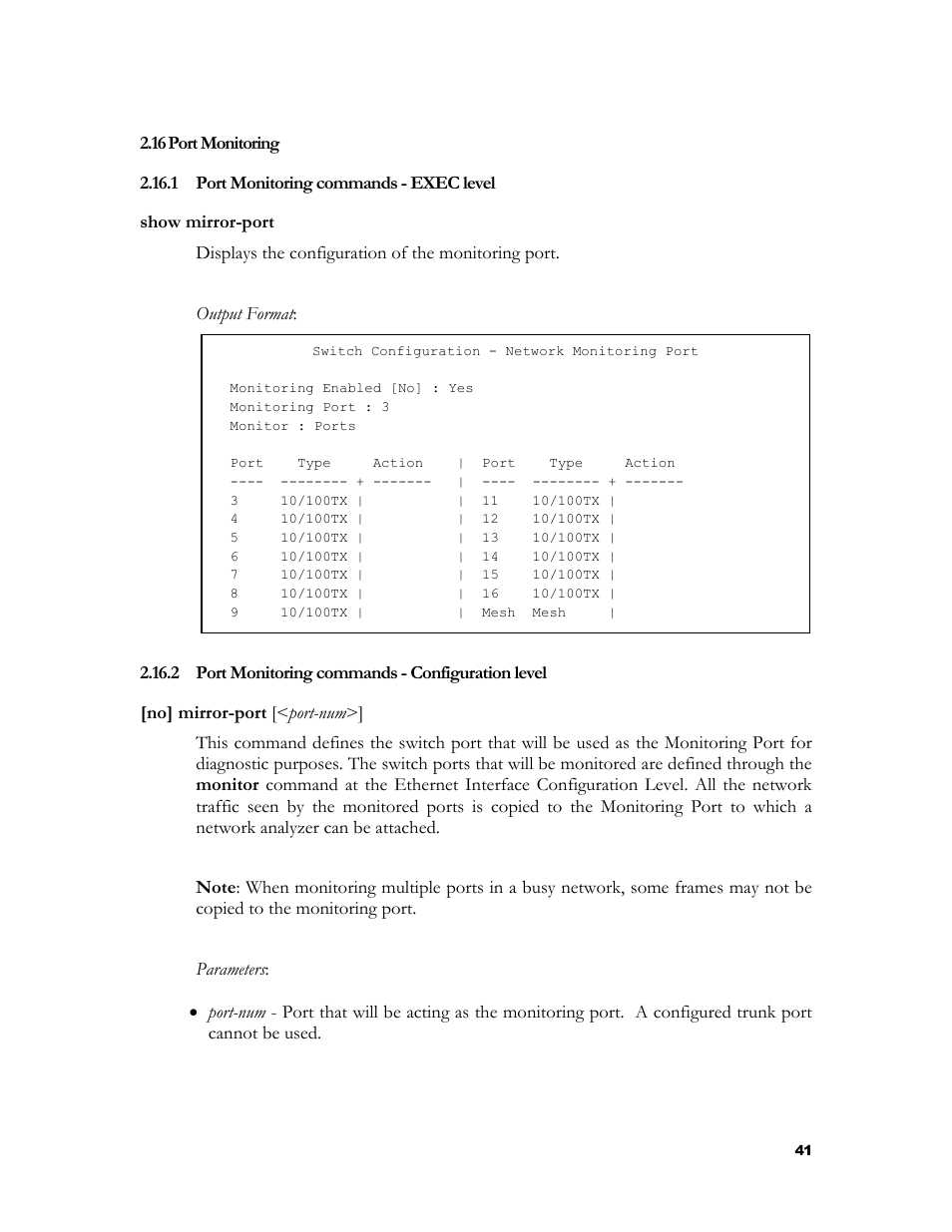 Port monitoring, Port monitoring commands - exec level, Port monitoring commands - configuration level | Onitoring | HP 2524 User Manual | Page 45 / 66