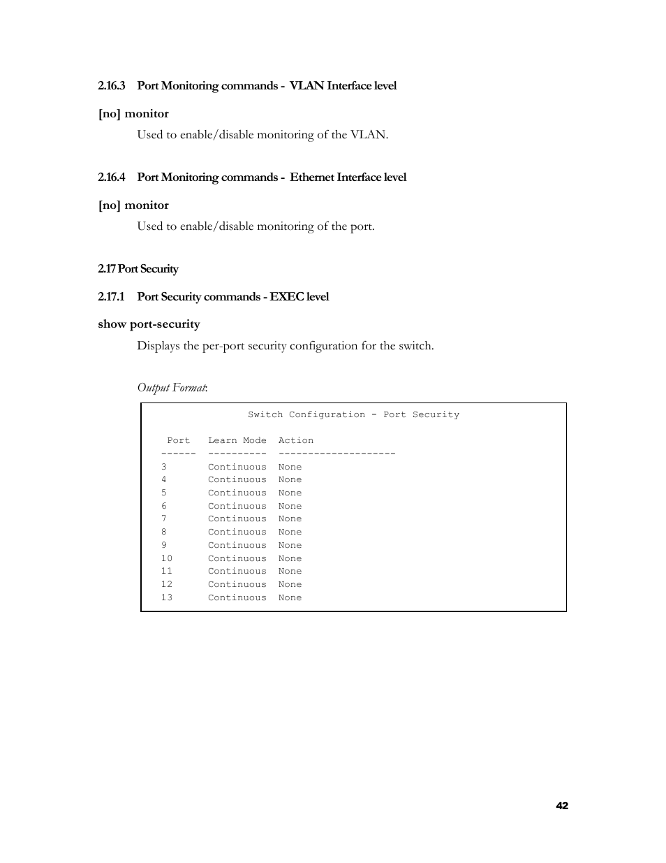 Port monitoring commands - vlan interface level, Port security, Port security commands - exec level | Ecurity, 1 port security commands - exec level | HP 2524 User Manual | Page 46 / 66