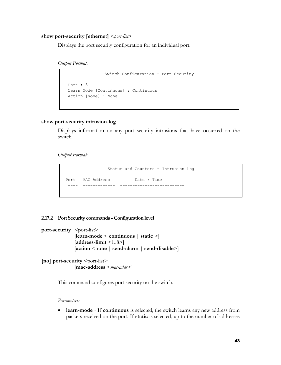 Port security commands - configuration level, 2 port security commands - configuration level | HP 2524 User Manual | Page 47 / 66
