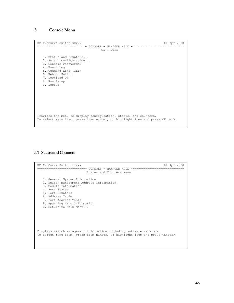Console menu, Status and counters, Tatus and | Ounters, 1 status and counters | HP 2524 User Manual | Page 49 / 66