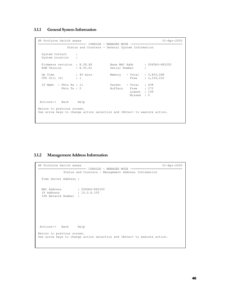 General system information, Management address information, 1 general system information | 2 management address information | HP 2524 User Manual | Page 50 / 66