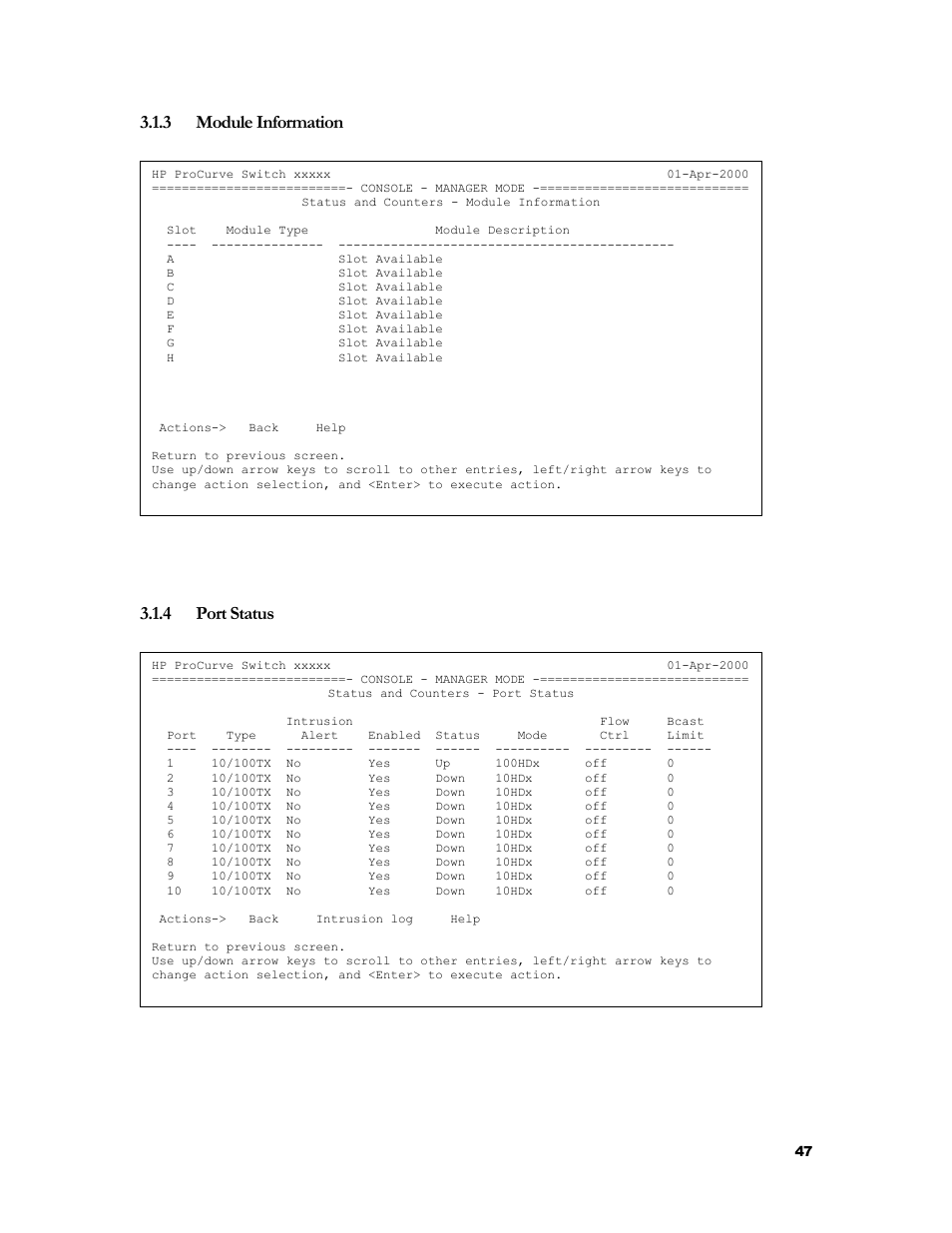 Module information, Port status, 3 module information | 4 port status | HP 2524 User Manual | Page 51 / 66