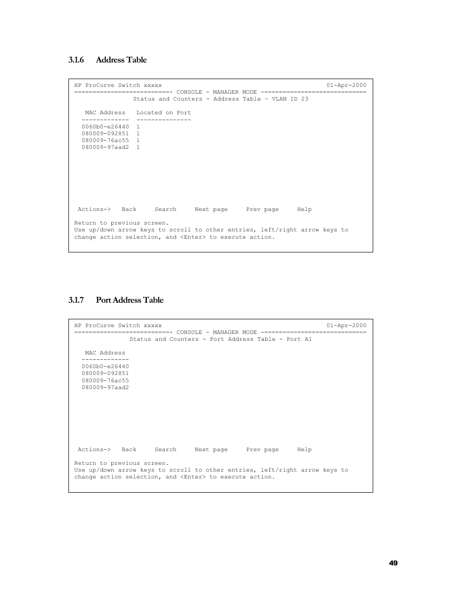 Address table, Port address table, 6 address table | 7 port address table | HP 2524 User Manual | Page 53 / 66