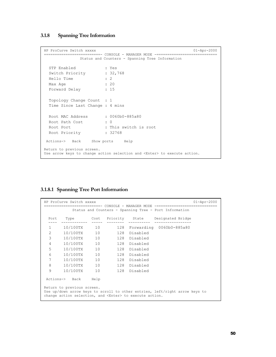 Spanning tree information, Spanning tree port information, 1 spanning tree port information | 8 spanning tree information | HP 2524 User Manual | Page 54 / 66