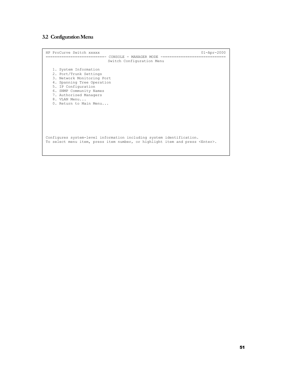 Configuration menu, Onfiguration, 2 configuration menu | HP 2524 User Manual | Page 55 / 66