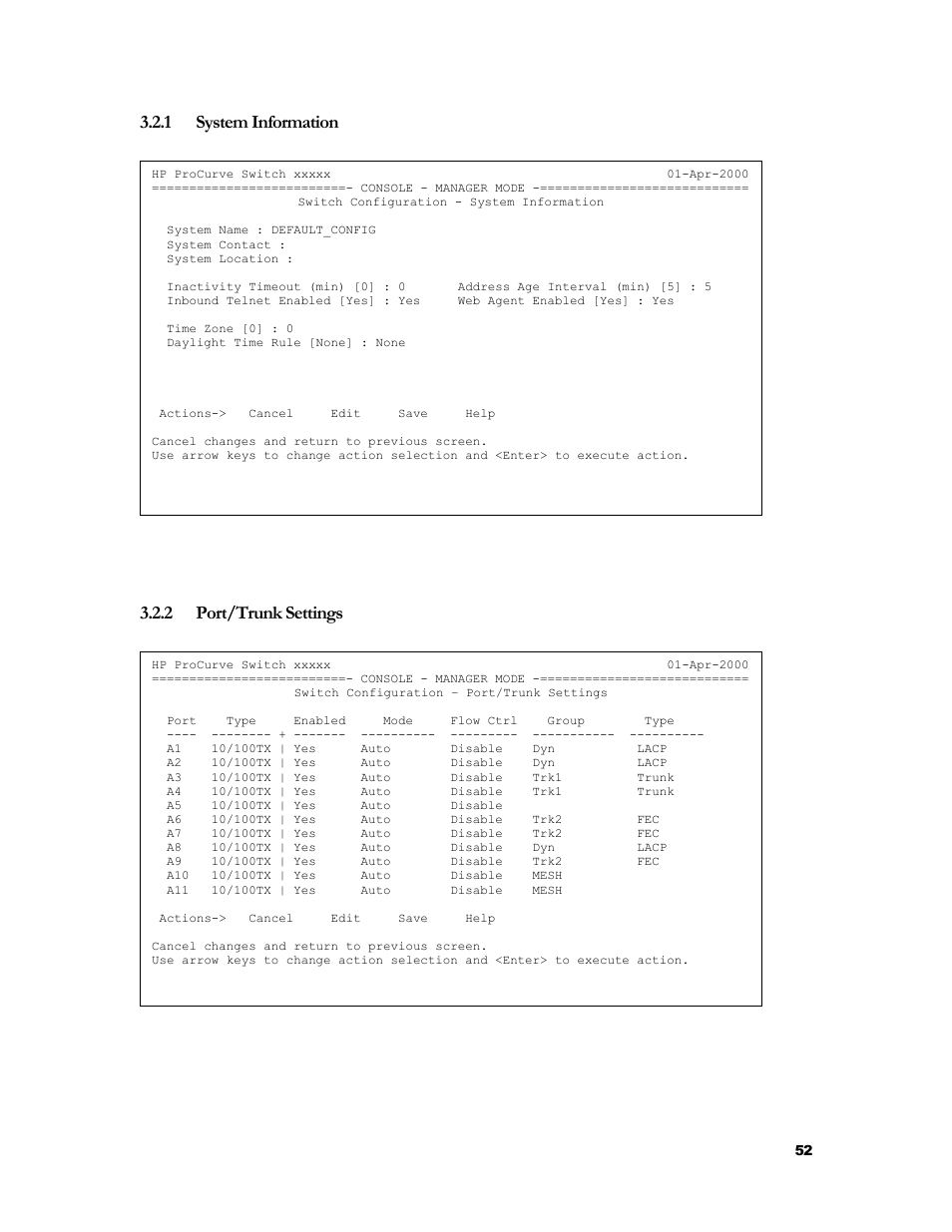 System information, Port/trunk settings, 1 system information | 2 port/trunk settings | HP 2524 User Manual | Page 56 / 66