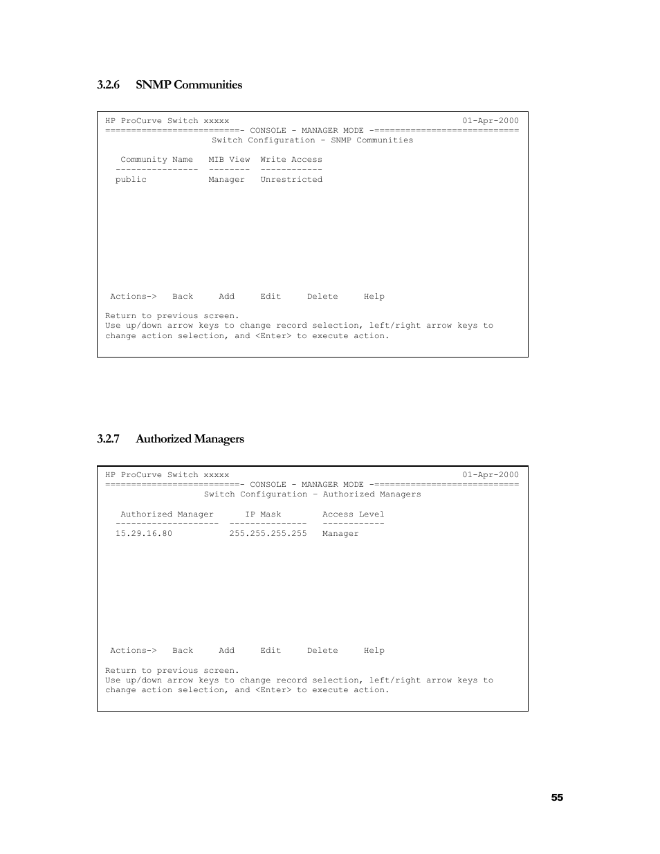 Snmp communities, Authorized managers, 6 snmp communities | 7 authorized managers | HP 2524 User Manual | Page 59 / 66