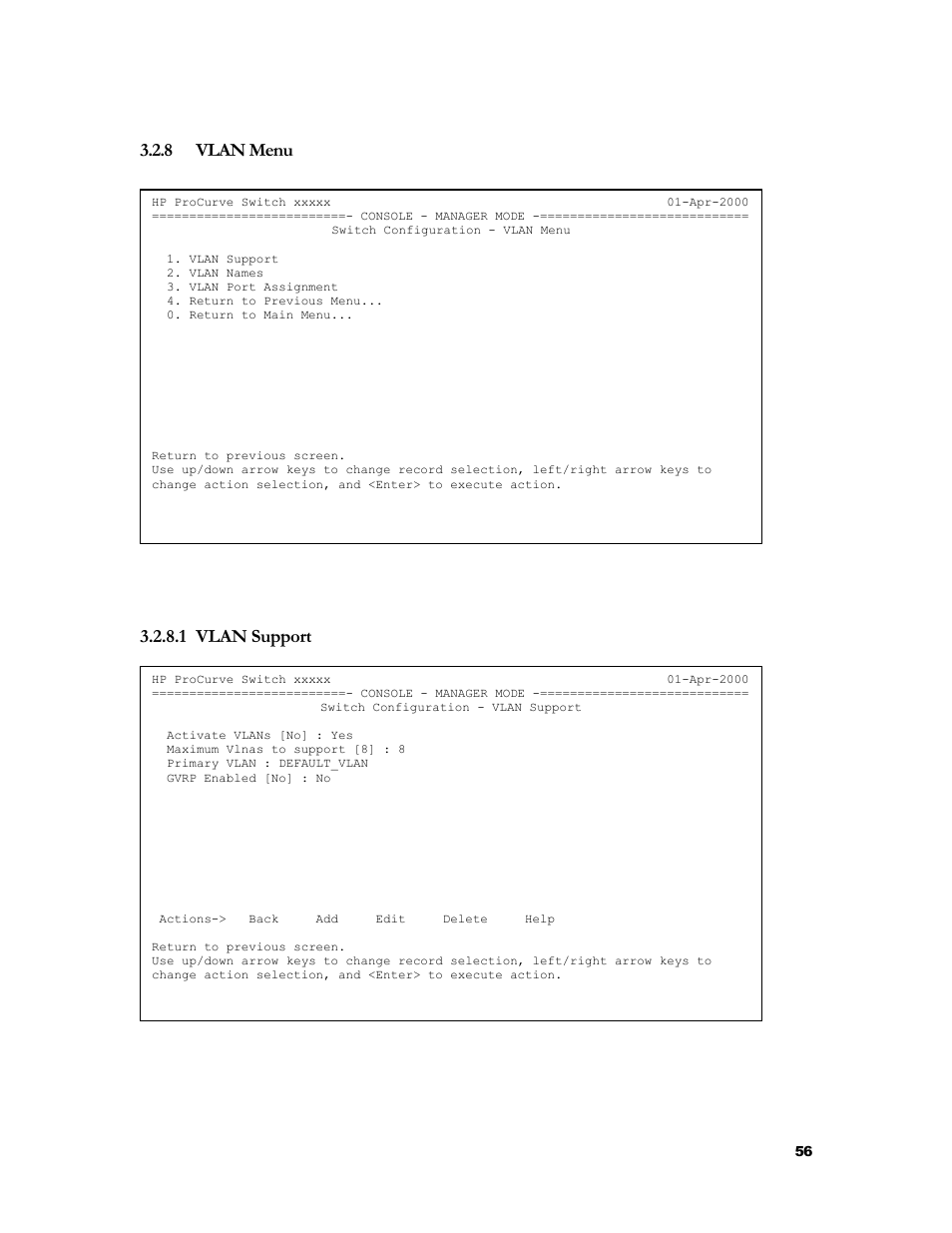 Vlan menu, Vlan support, 1 vlan support | 8 vlan menu | HP 2524 User Manual | Page 60 / 66