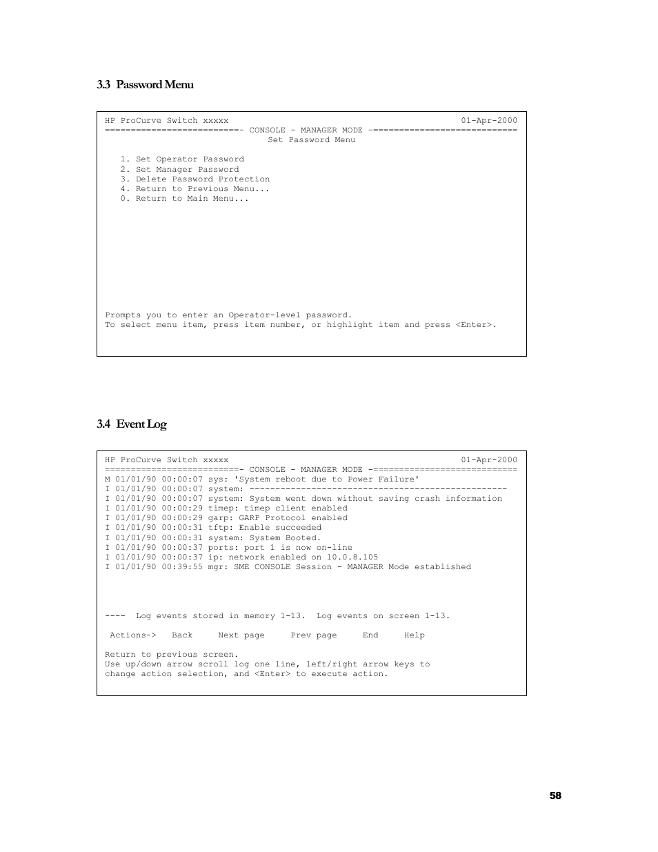 Password menu, Event log, Assword | Vent, 3 password menu, 4 event log | HP 2524 User Manual | Page 62 / 66