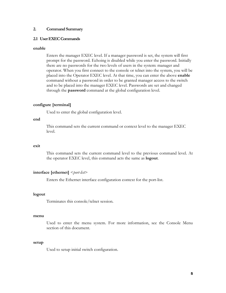 Command summary, User exec commands, Exec c | Ommands | HP 2524 User Manual | Page 9 / 66
