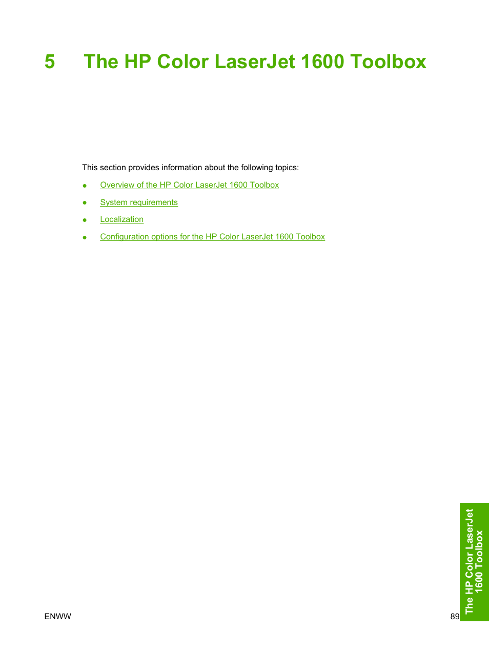 The hp color laserjet 1600 toolbox, 5 the hp color laserjet 1600 toolbox | HP 1600 User Manual | Page 103 / 184