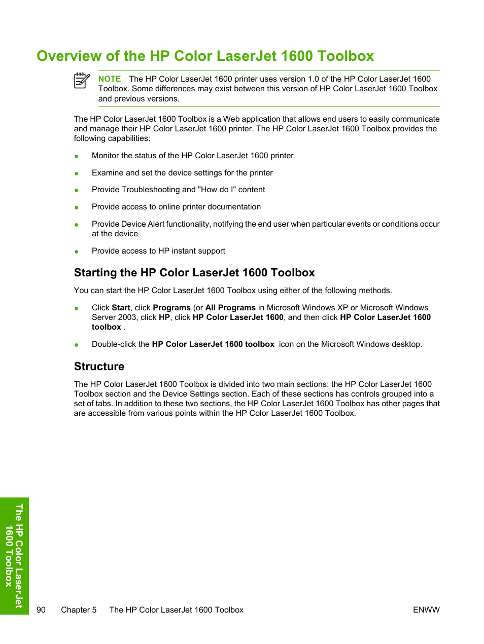 Overview of the hp color laserjet 1600 toolbox, Starting the hp color laserjet 1600 toolbox, Structure | HP 1600 User Manual | Page 104 / 184