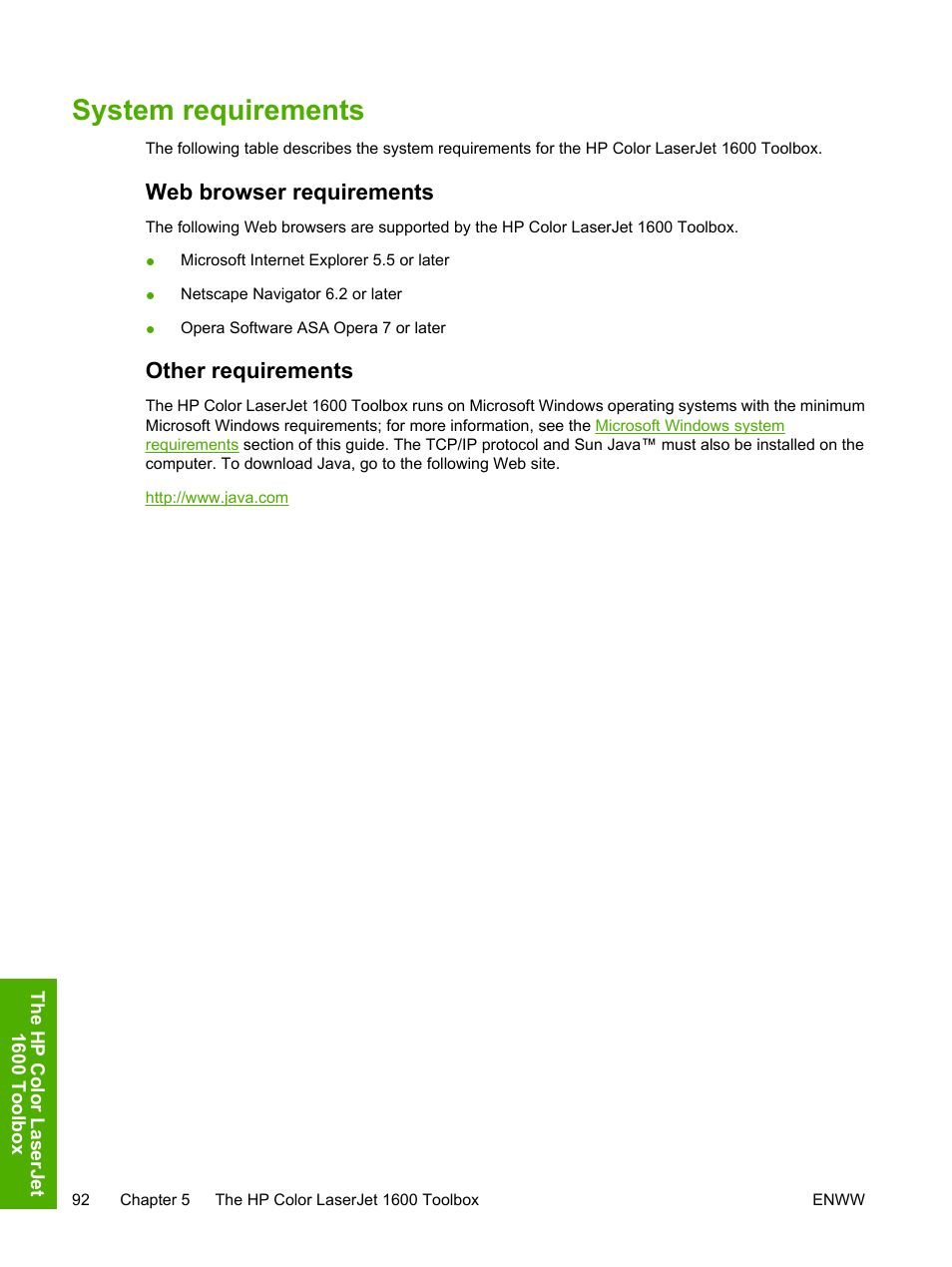 System requirements, Web browser requirements, Other requirements | Web browser requirements other requirements | HP 1600 User Manual | Page 106 / 184