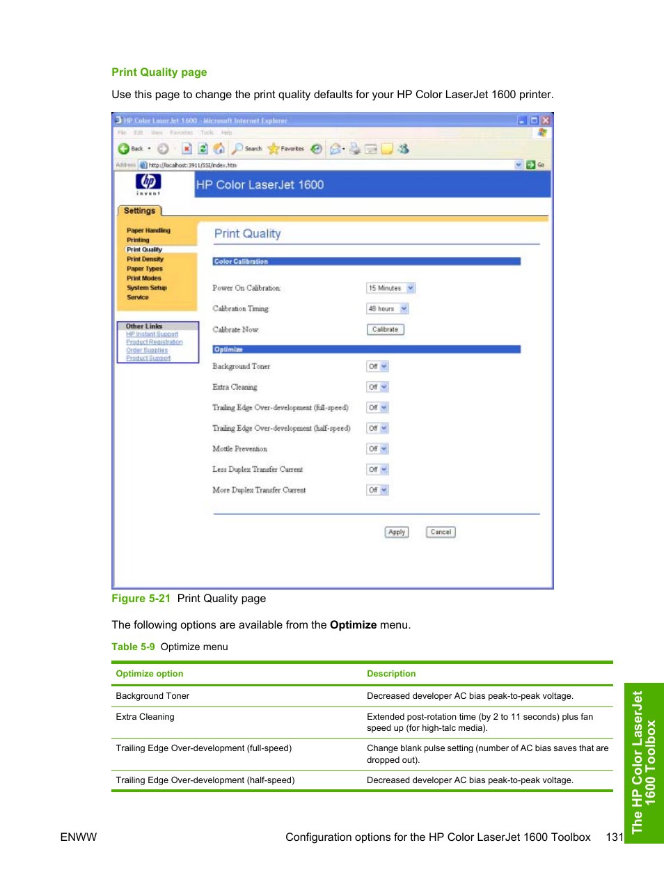 Table 5-9 optimize menu, The hp color l aserjet 1600 t o olbo x | HP 1600 User Manual | Page 145 / 184